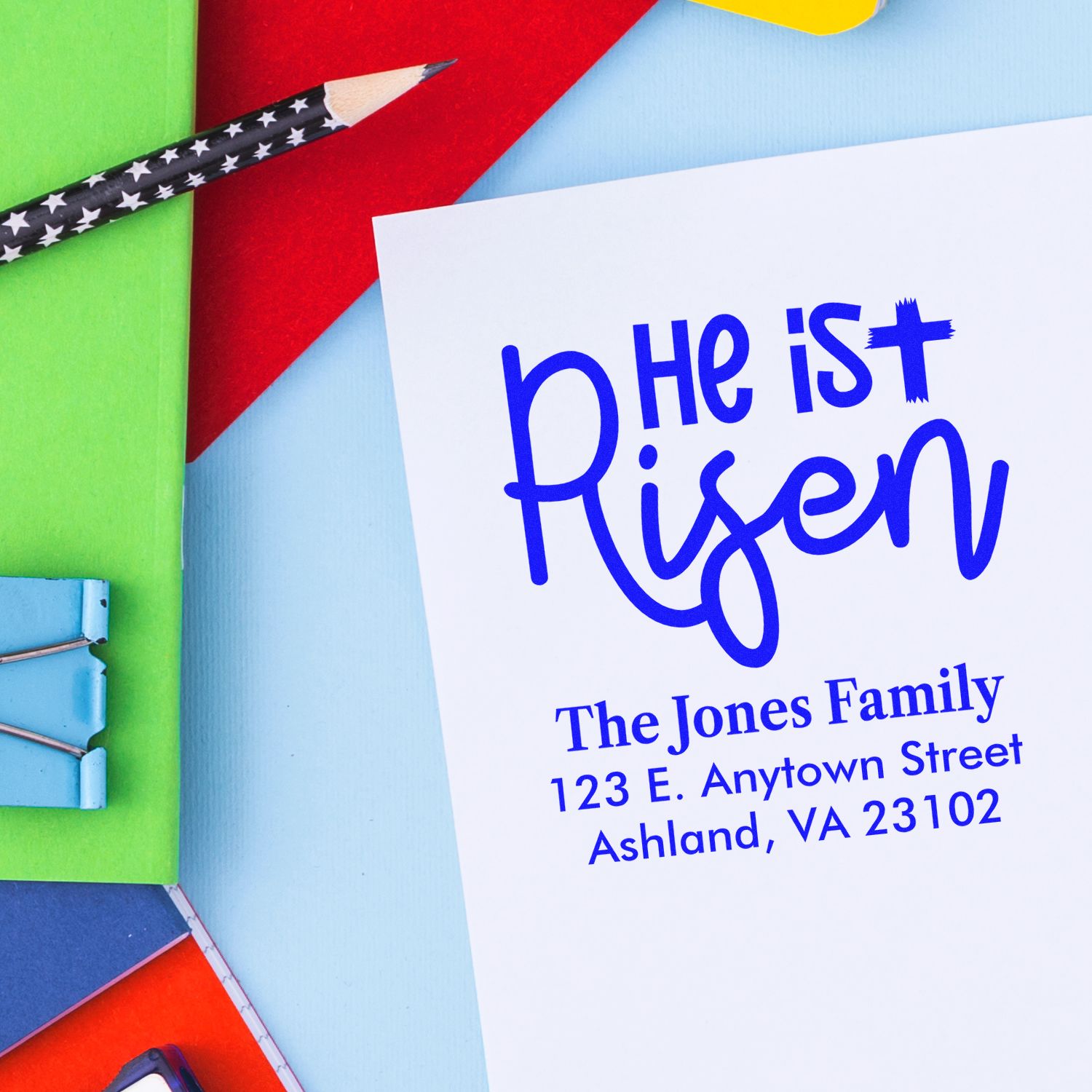 Personalized rubber stamp design with He Is Risen and return address for custom Easter greeting cards.