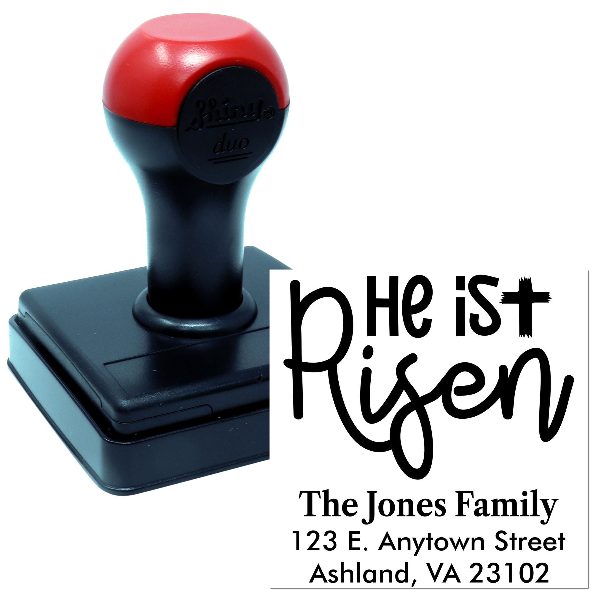 Custom He Is Risen rubber stamp with family name and address for Easter cards and religious mailings.