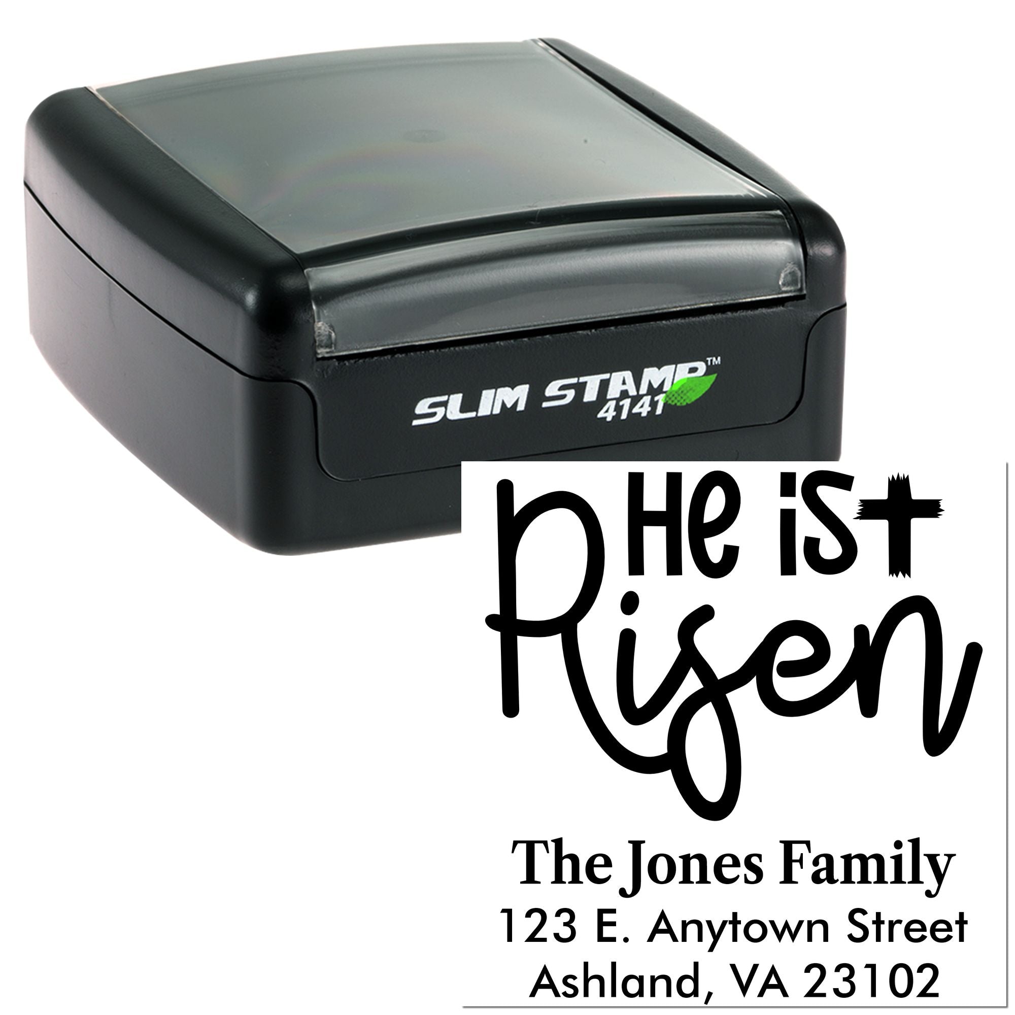 Custom Slim Stamp 4141 rubber stamp with He Is Risen and The Jones Family return address design for envelopes.