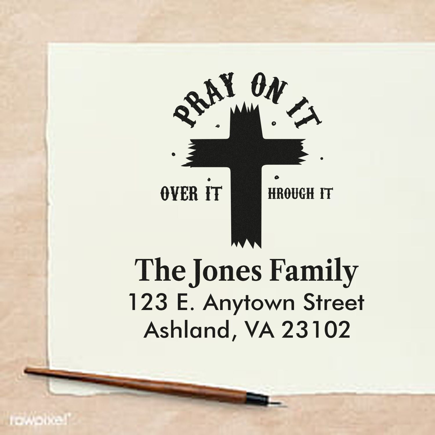 Personalized Christian return address rubber stamp with cross and Pray on It, Over It, Through It family design