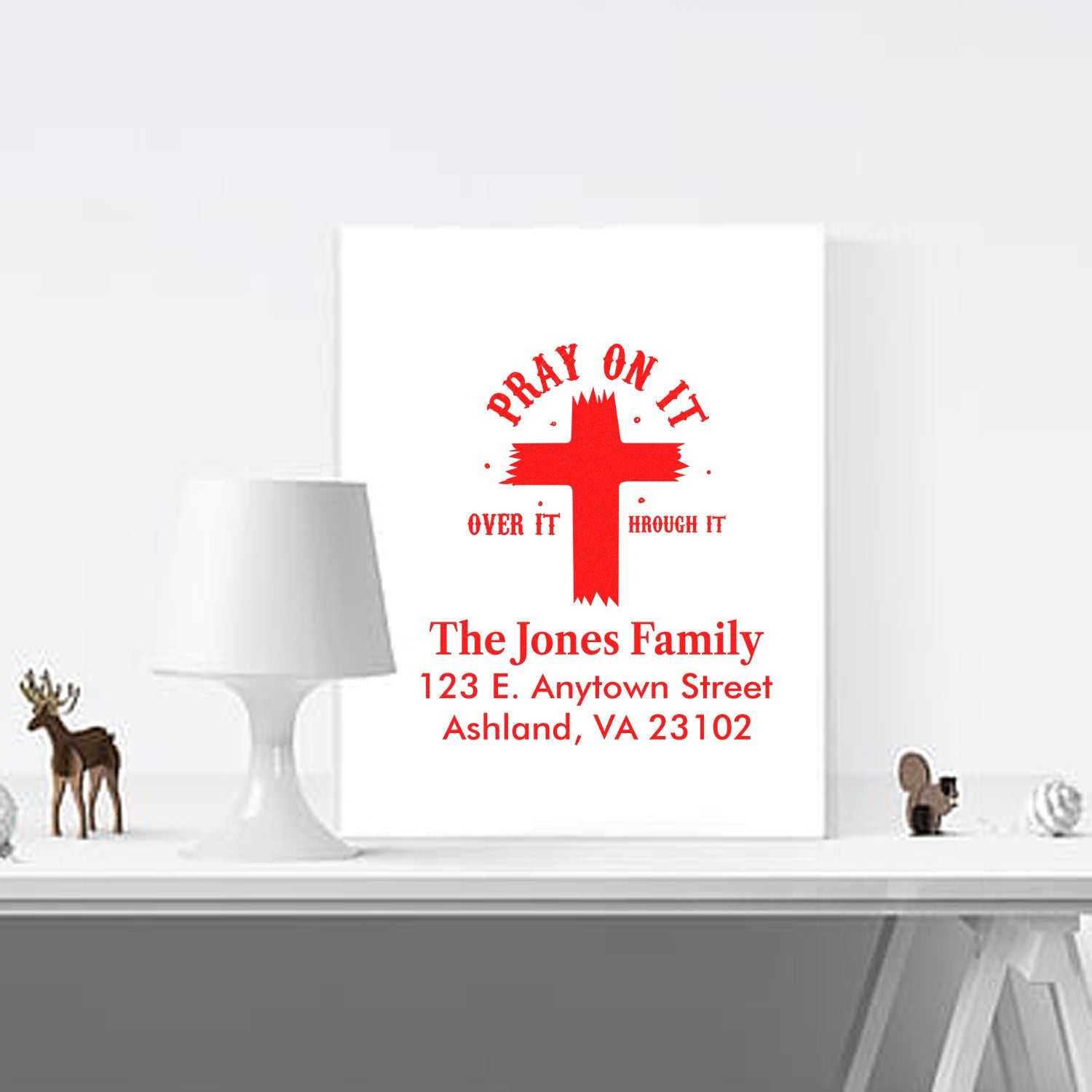 Personalized Christian address rubber stamp with Pray on It cross for family mailings and stationery