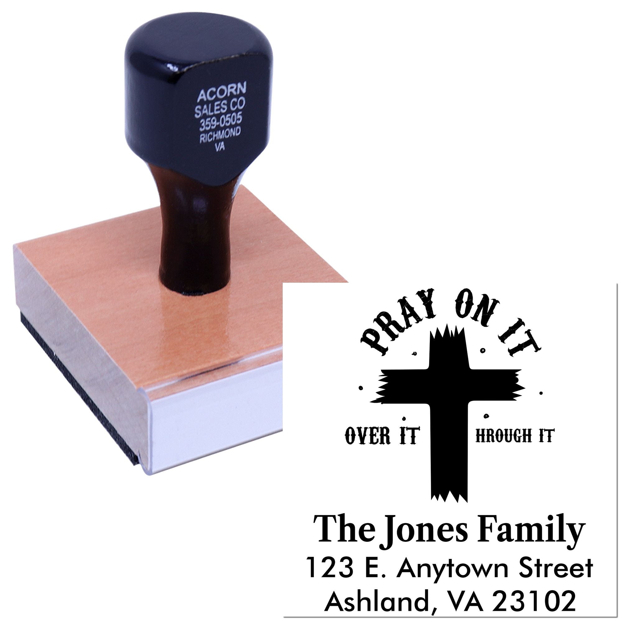 Custom Christian address rubber stamp with Pray On It cross design for family mailings and stationery.