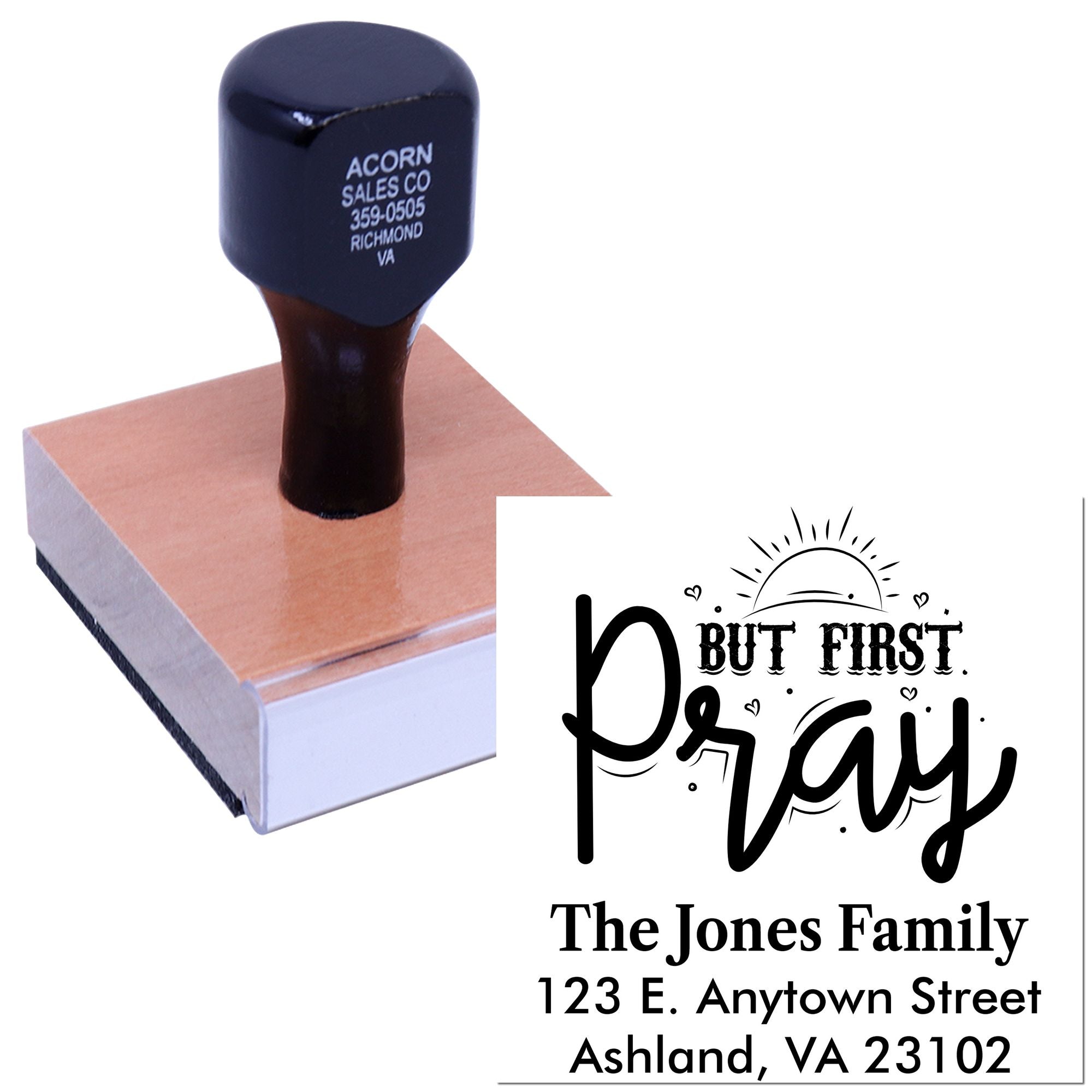 Personalized rubber return address stamp with faith-themed But First, Pray family name and address imprint.