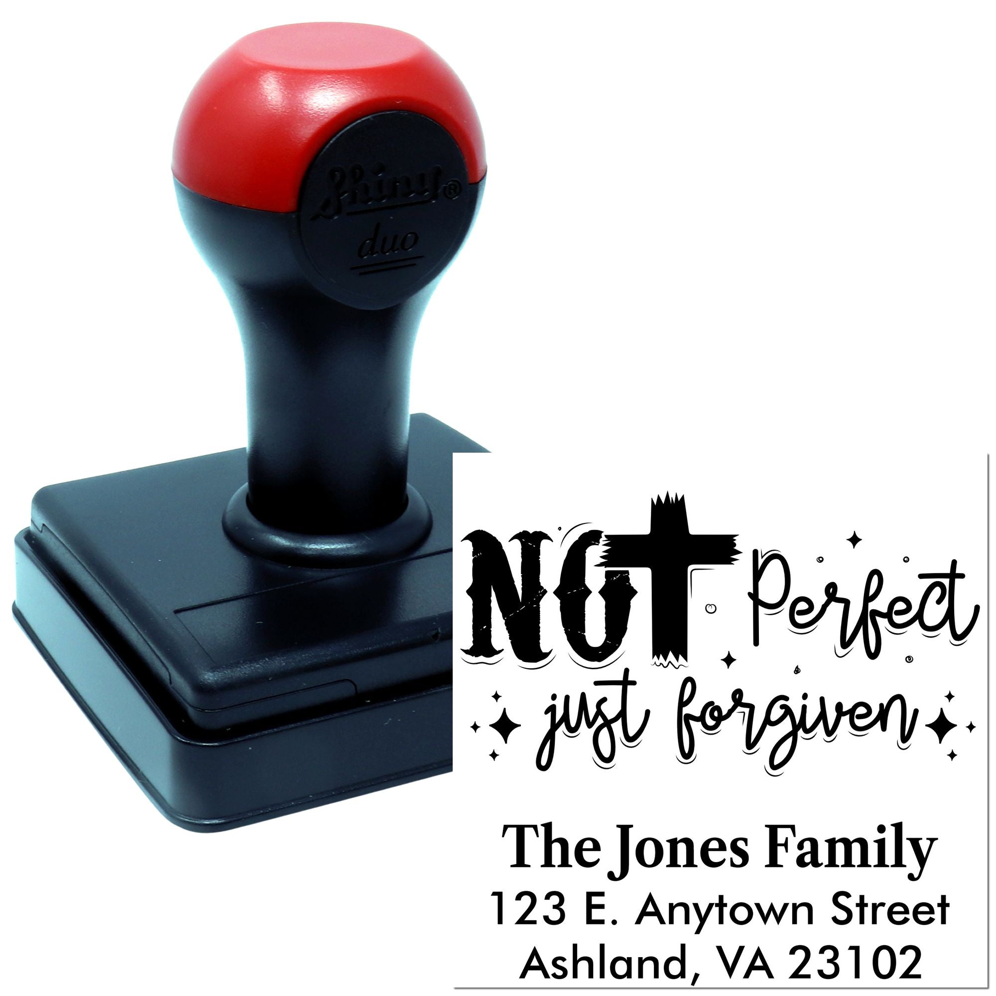 Custom self-inking rubber stamp with Not Perfect, Just Forgiven and personalized family address for Christian stationery.