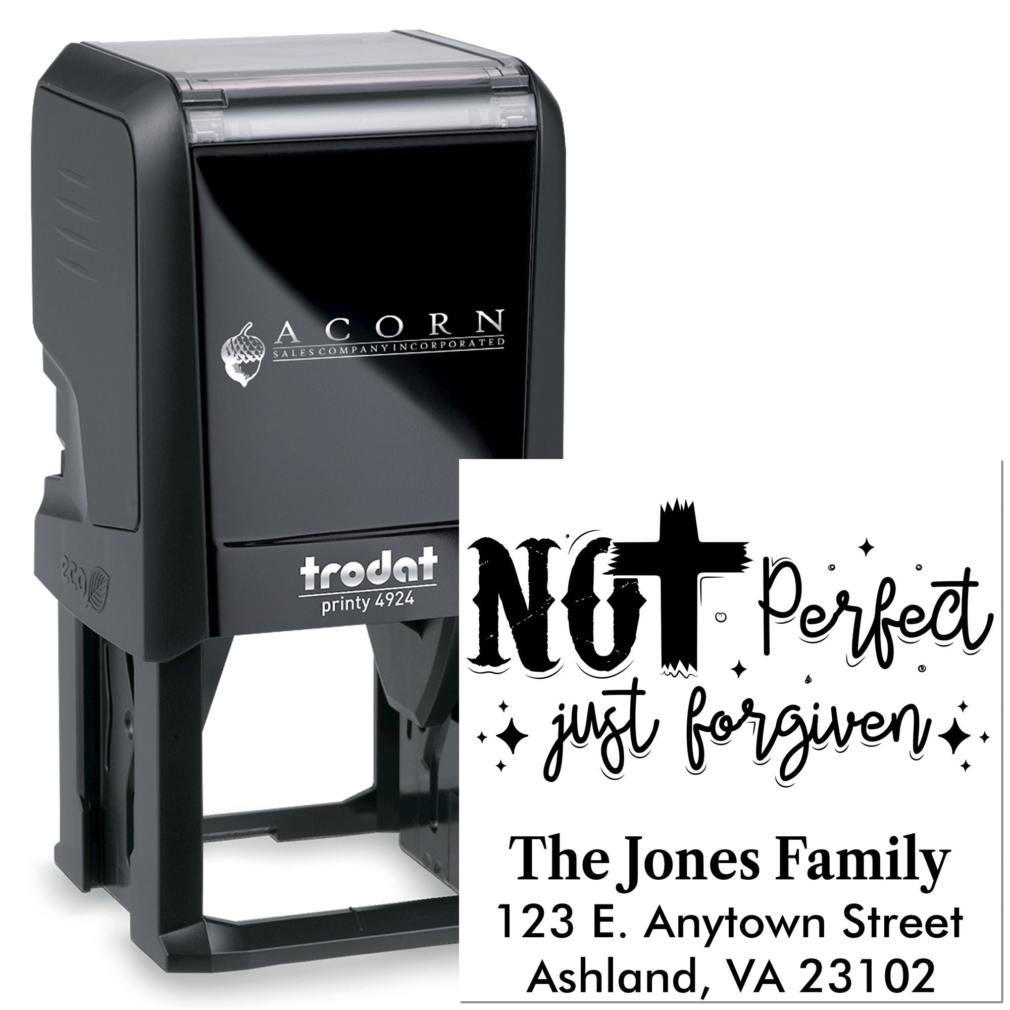 Trodat self-inking rubber stamp with custom family address and inspirational imprint designs.