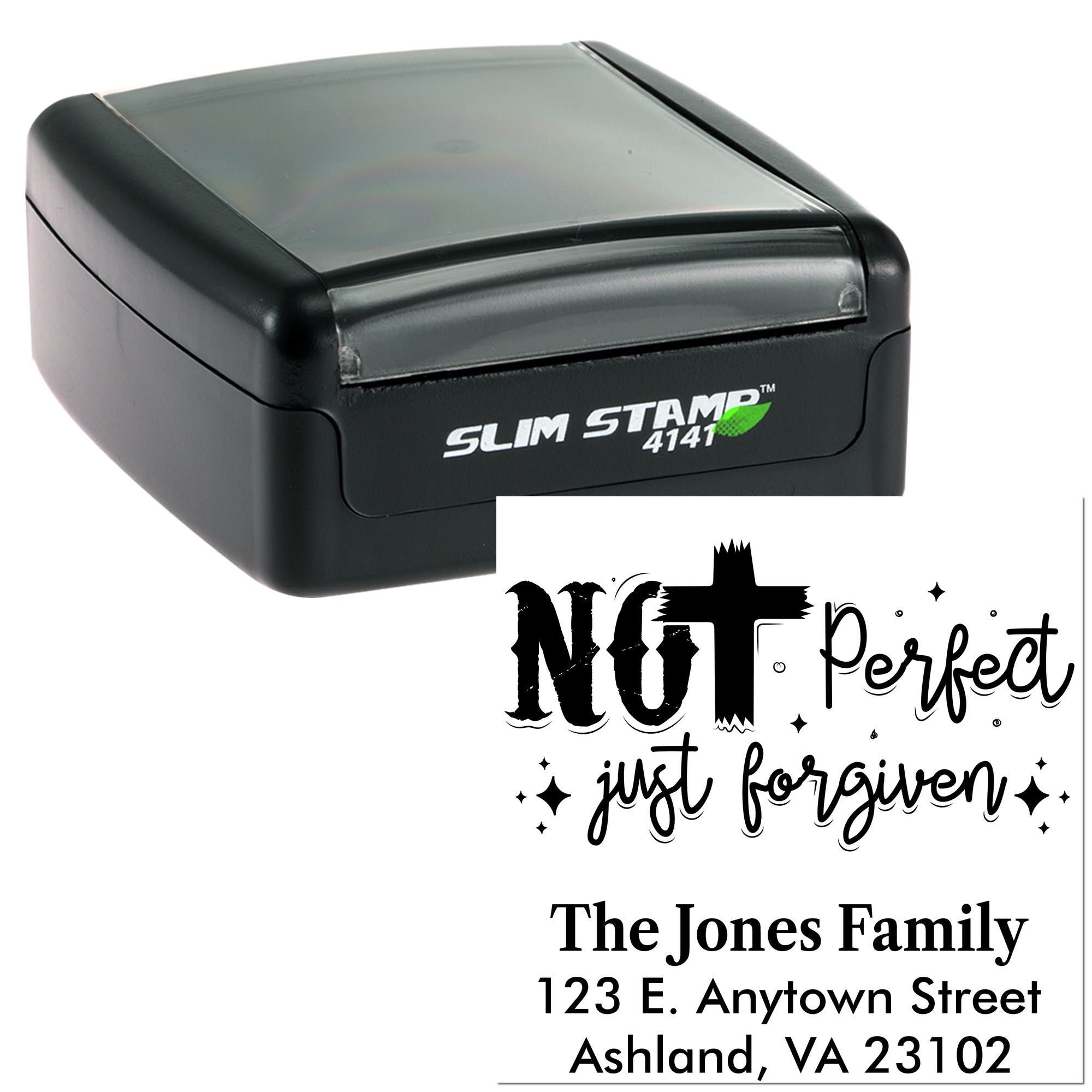 Slim Stamp 4141 self-inking rubber stamp with custom family return address and Not perfect, just forgiven design.