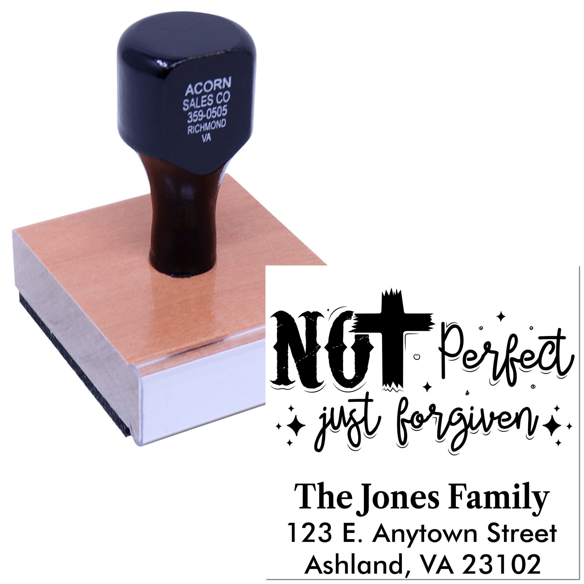 Personalized rubber stamp with return address and Not Perfect, Just Forgiven design for family mailings.
