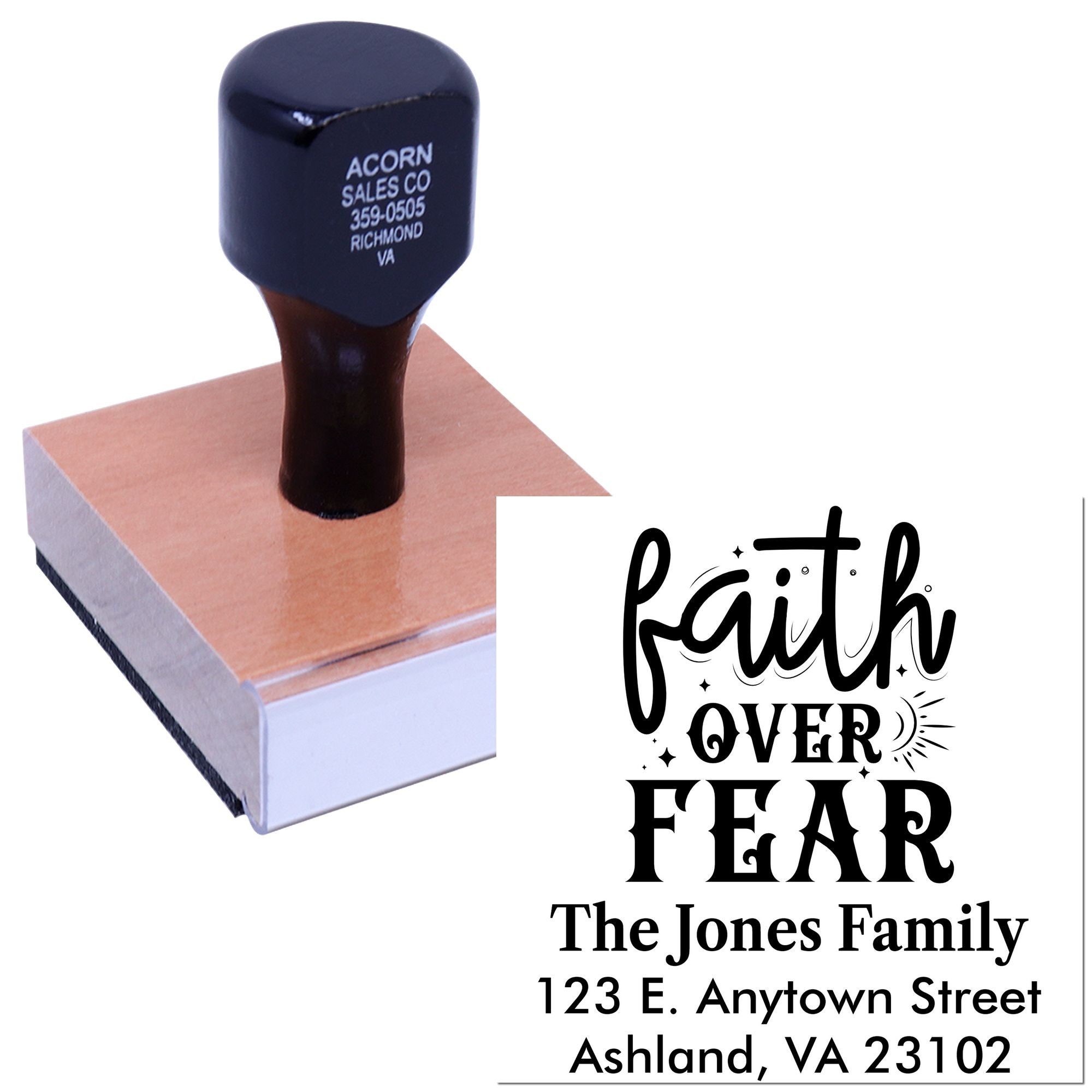 Custom rubber stamp with Faith Over Fear design and family return address for personalized mailing and craft use.