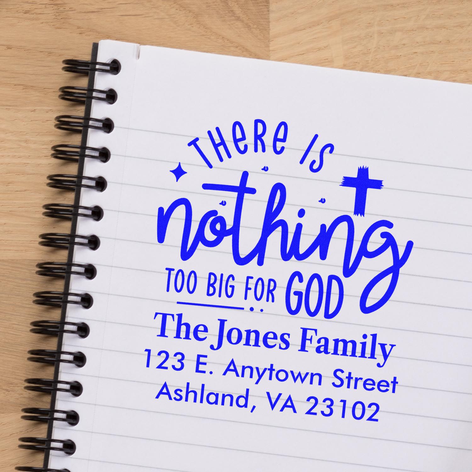 Faith-based custom rubber stamp for The Jones Family return address, reading There is nothing too big for God.