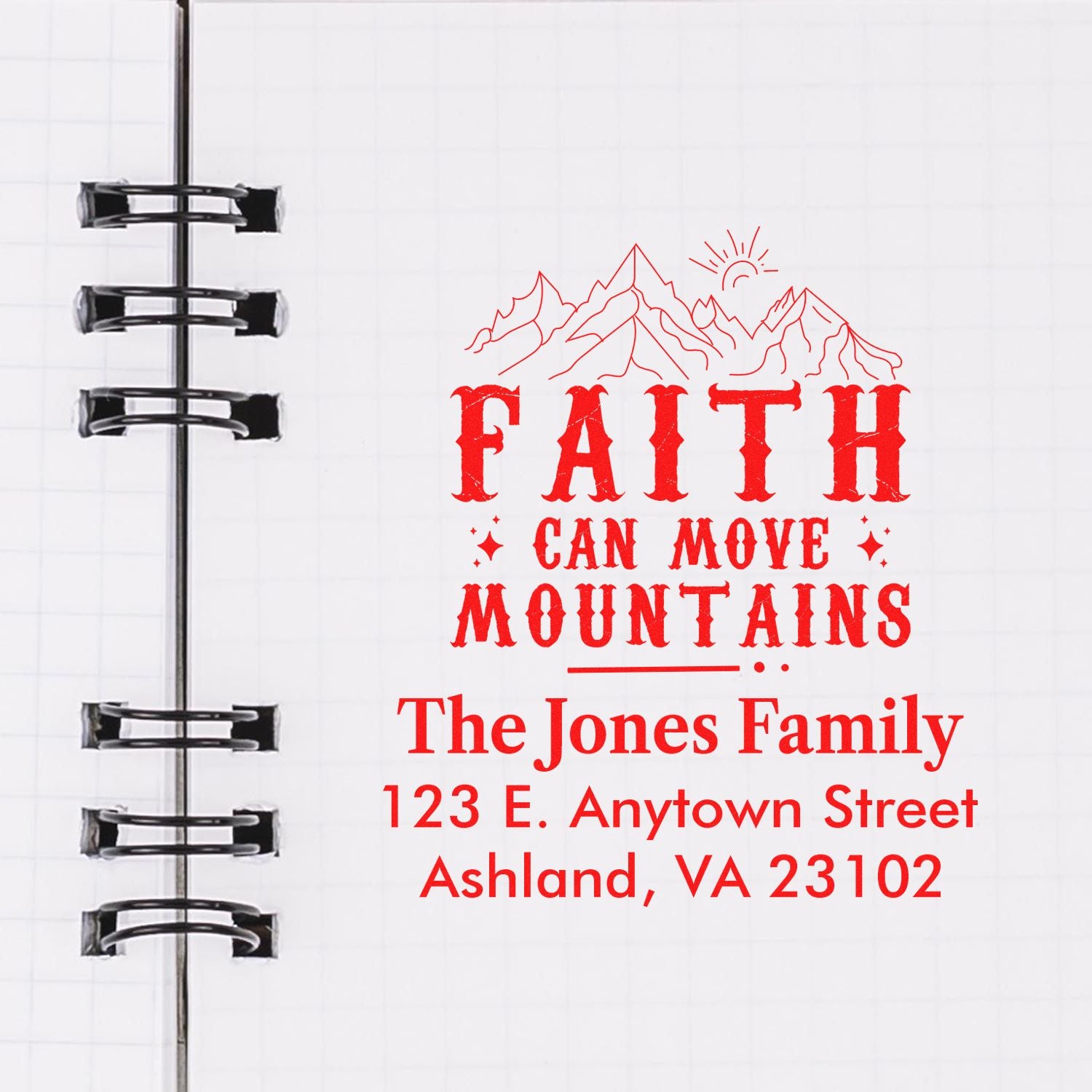 Custom rubber stamp design featuring Faith Can Move Mountains with mountain art and personalized family name and address.