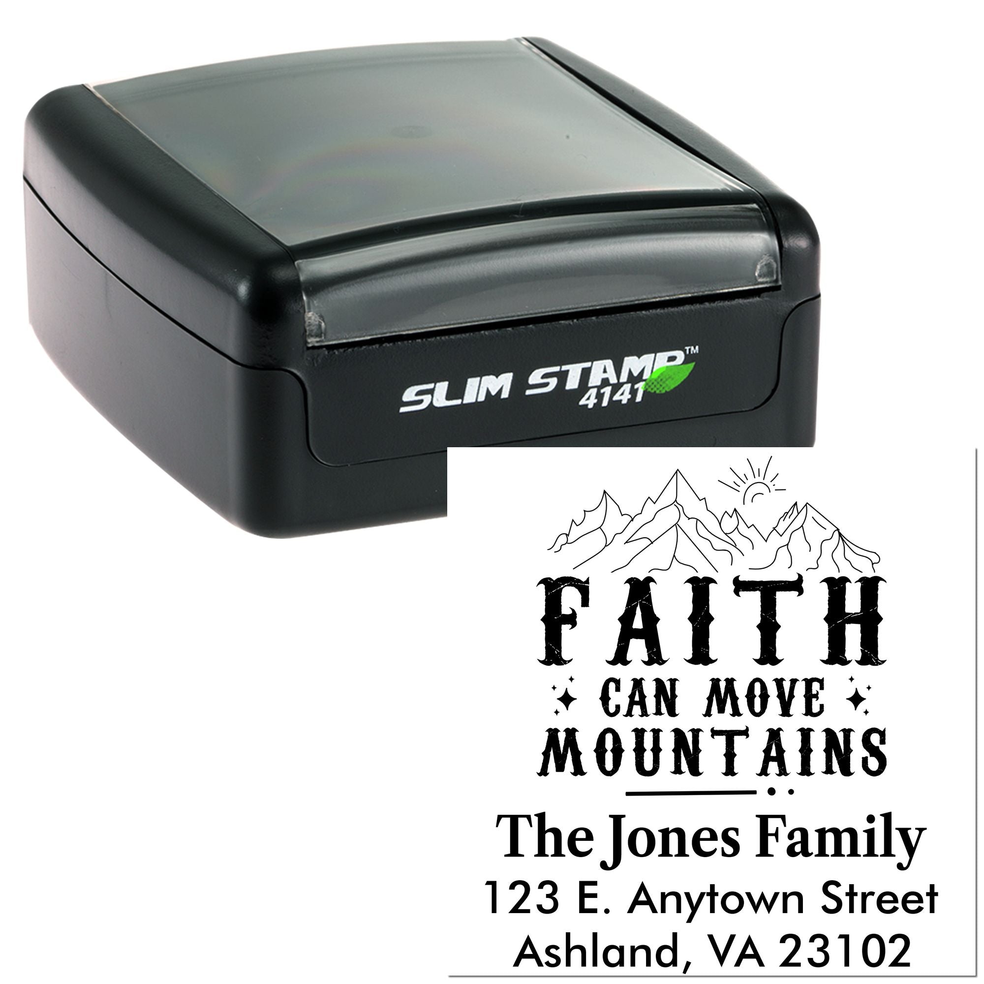 Custom self-inking address rubber stamp with Faith Can Move Mountains mountain design and family return address.