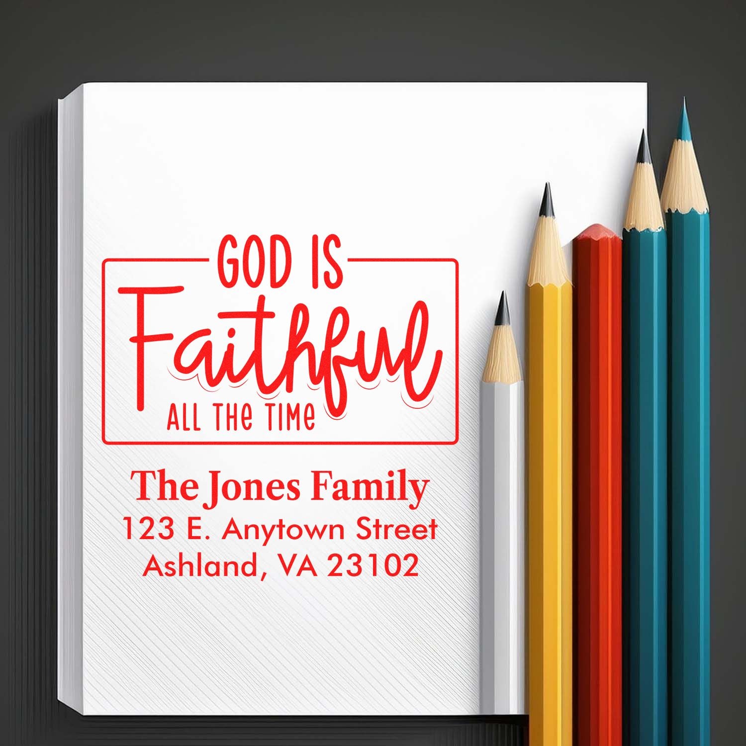 Personalized Christian rubber stamp design with God Is Faithful All the Time and family address for faith-based mail.
