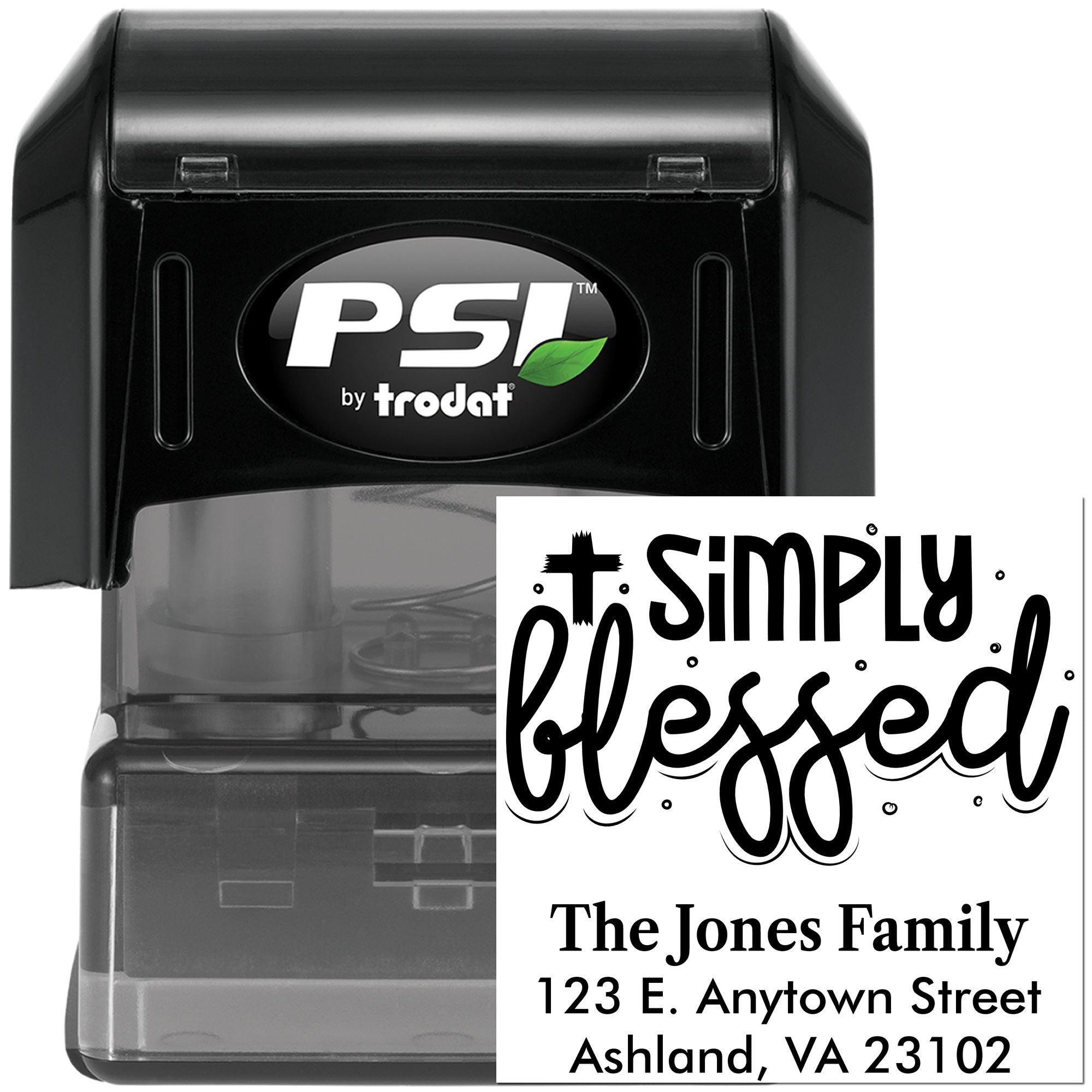 Custom self-inking rubber stamp with Simply Blessed family address design, ideal for personalized mailing and gifts.