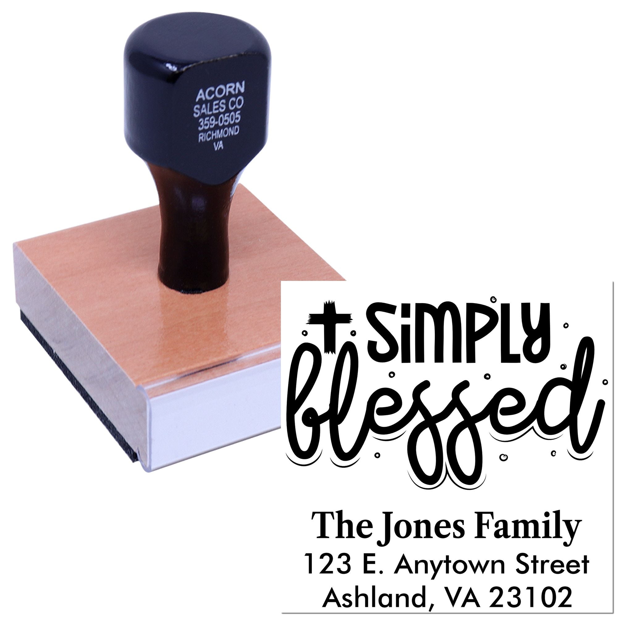 Custom rubber address stamp with Simply Blessed design for The Jones Family, Ashland, VA return mailing address.