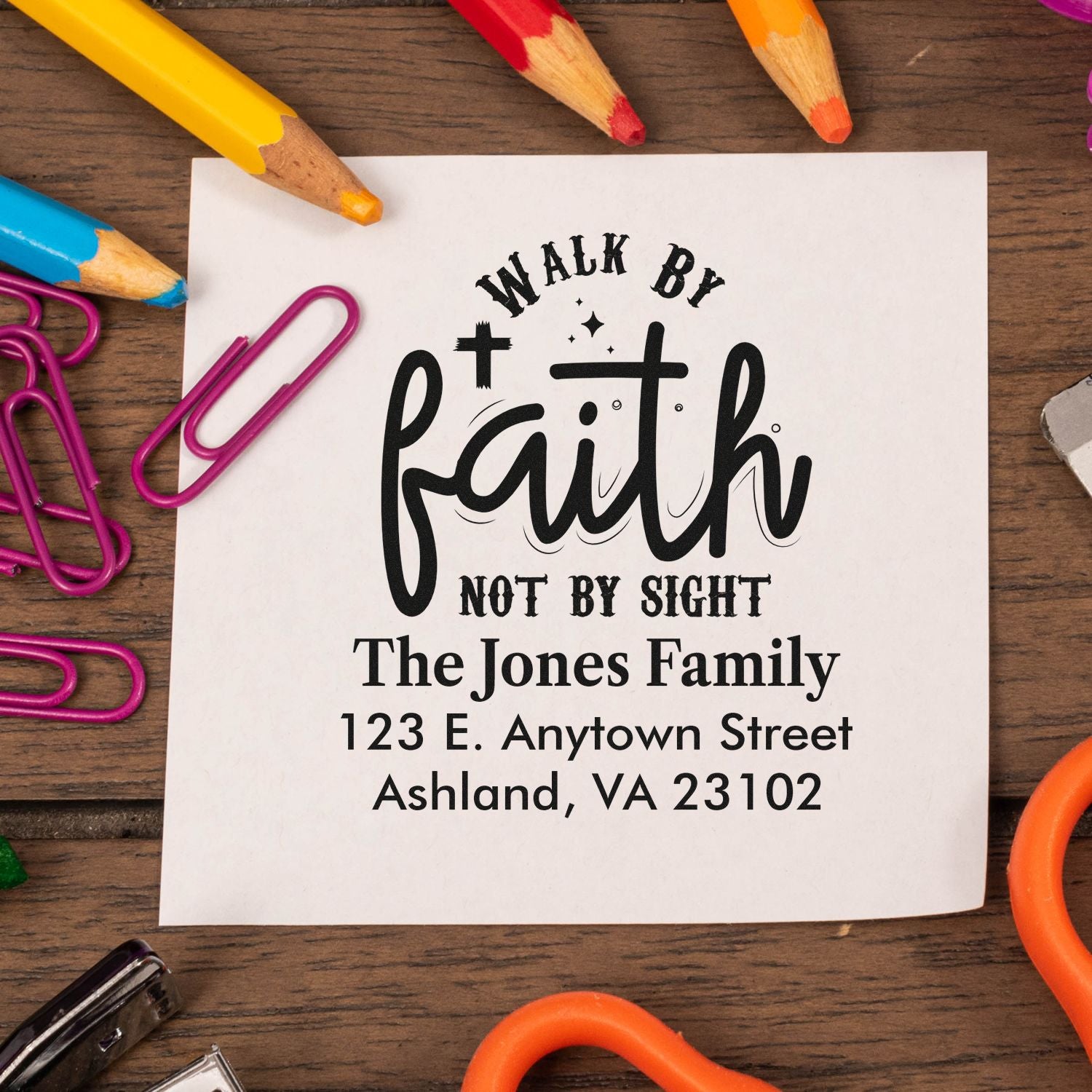 Custom Christian return address rubber stamp with Walk by faith, not by sight and personalized Jones family address.