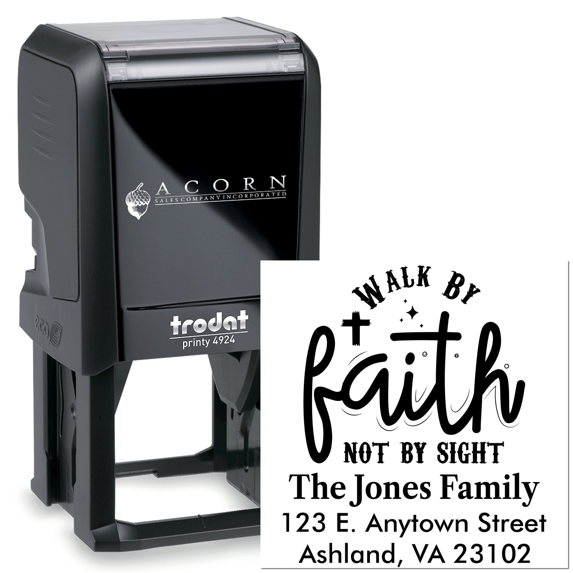 Custom self-inking rubber stamp with faith-themed return address imprint for The Jones Family.