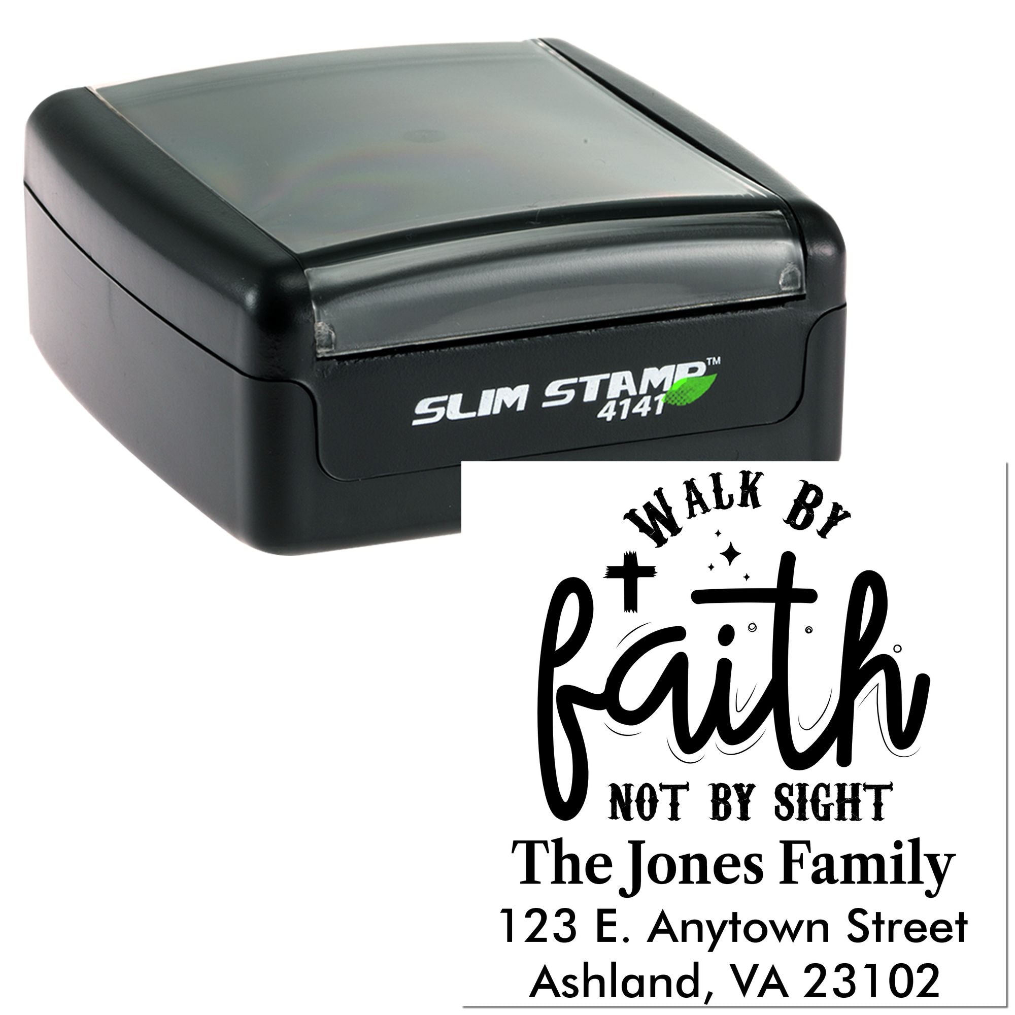 Custom self-inking rubber stamp with Walk by faith not by sight family name and address for religious mailing labels.