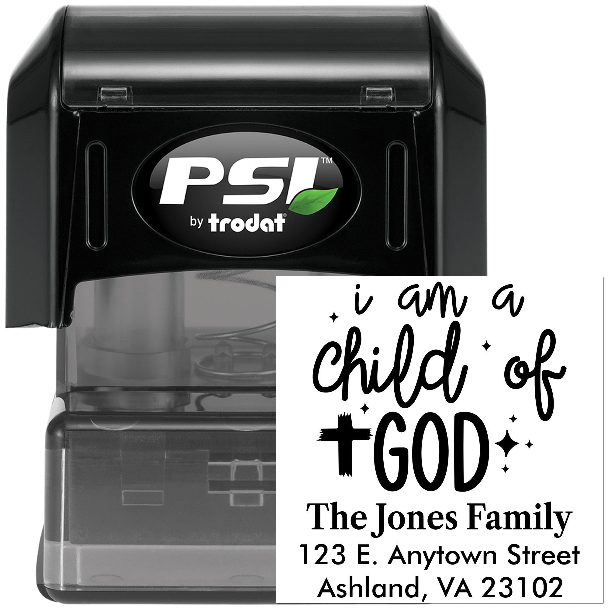 PSI by Trodat self-inking custom rubber stamp with I am a child of God family return address design.