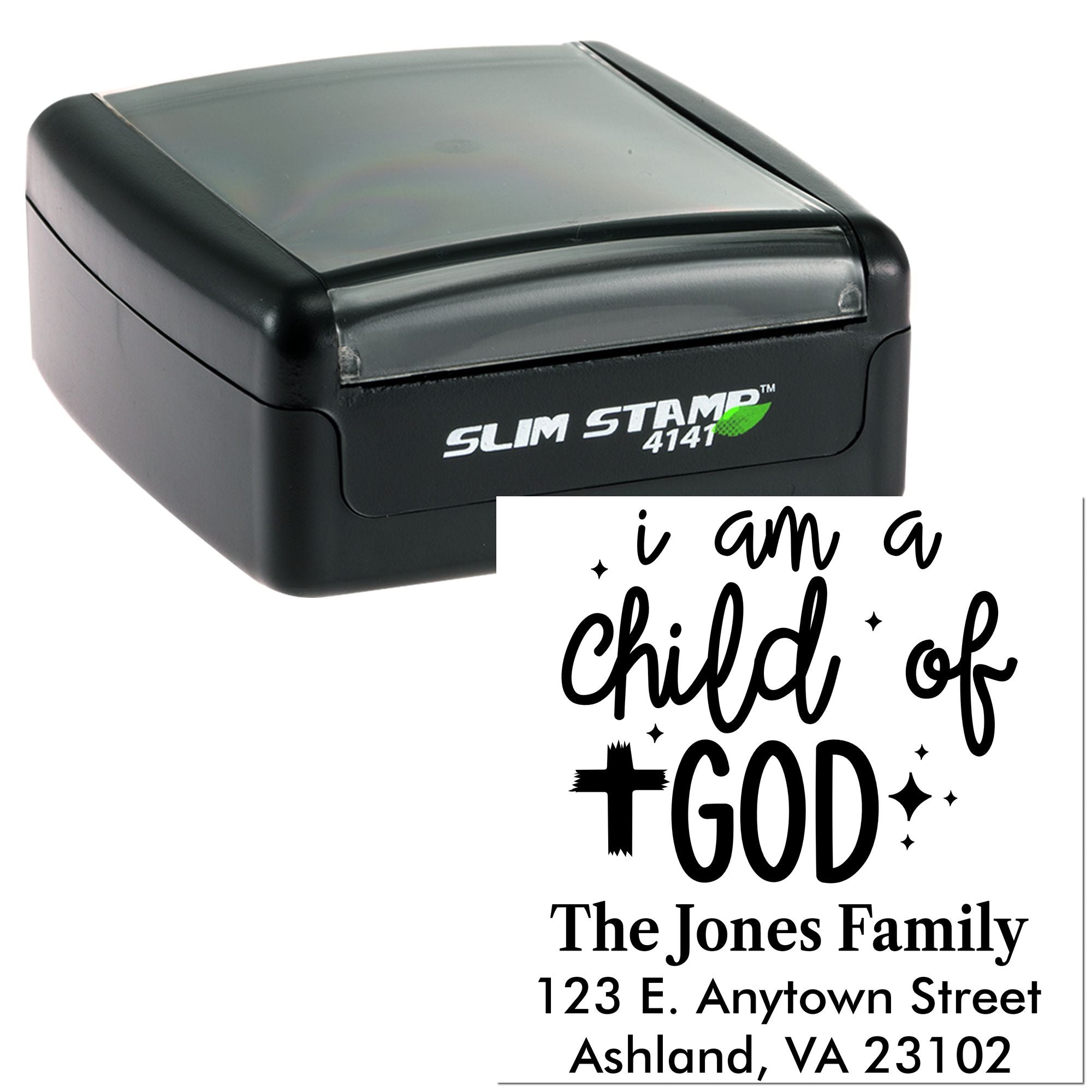 Custom self-inking rubber stamp with I am a child of GOD design and family address for Christian mailings.
