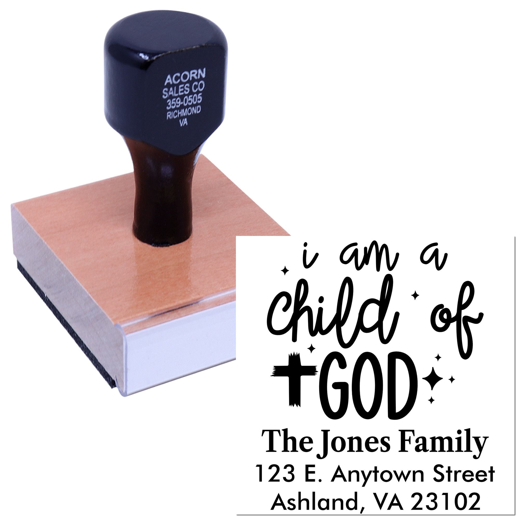 Custom personalized address stamp with I am a child of God family name design for faith-based mailing.