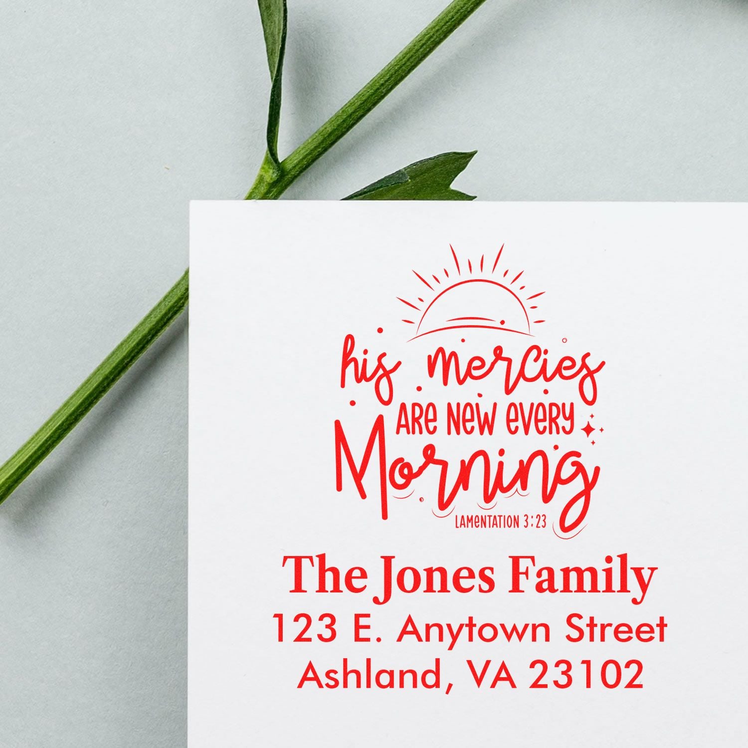 Personalized Christian return address rubber stamp with Bible verse His mercies are new every morning for The Jones Family.