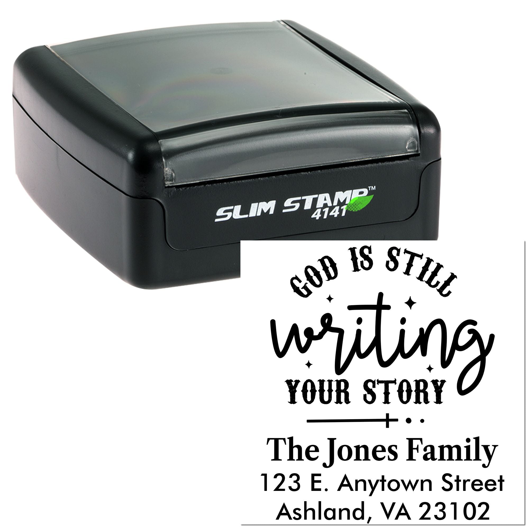 Custom self-inking rubber stamp with inspirational phrase and family return address for personalized mailing.