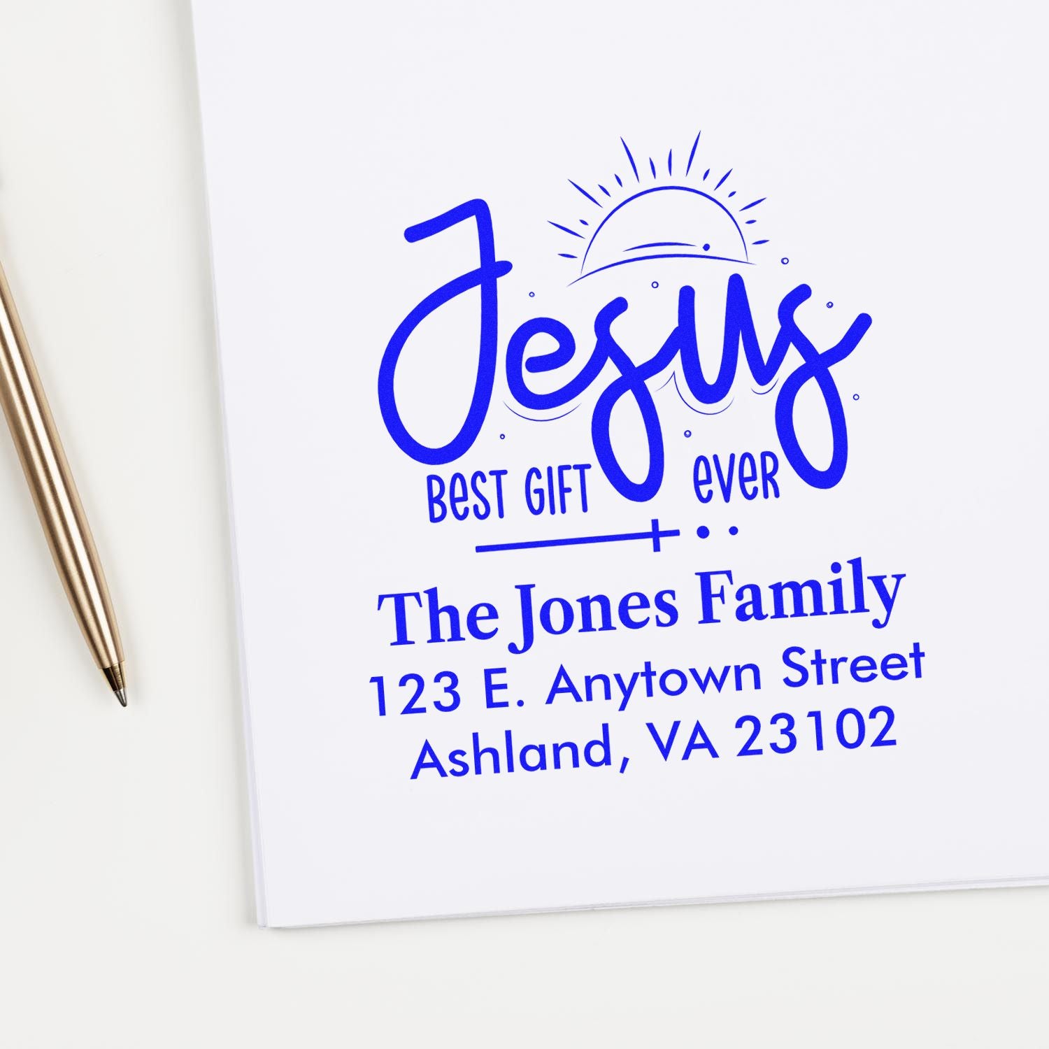 Custom Christian return address rubber stamp with Jesus Best Gift Ever design for The Jones Family, Ashland, VA.