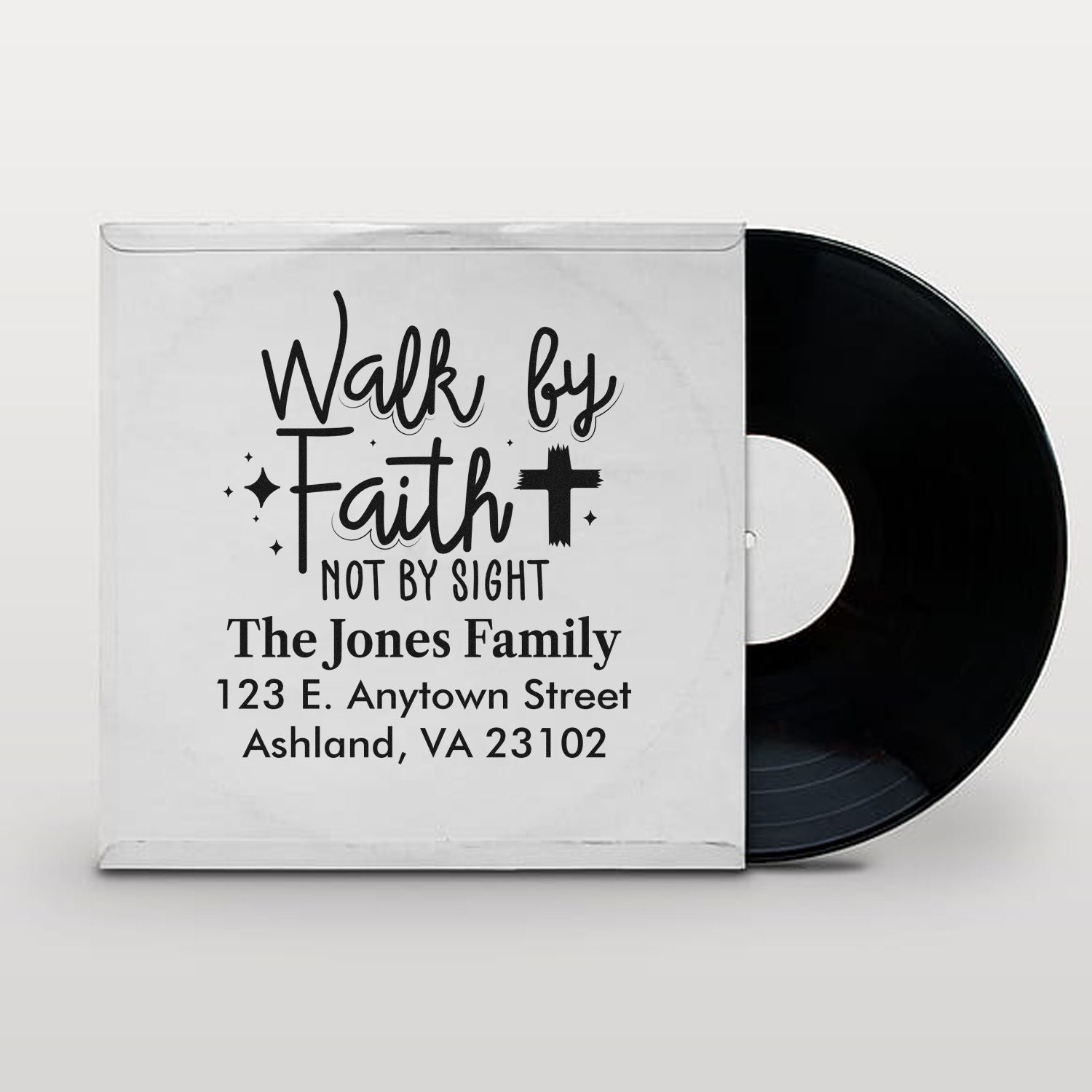 Custom Christian rubber stamp design reading Walk by Faith Not by Sight with family name and address for personalized mailings.