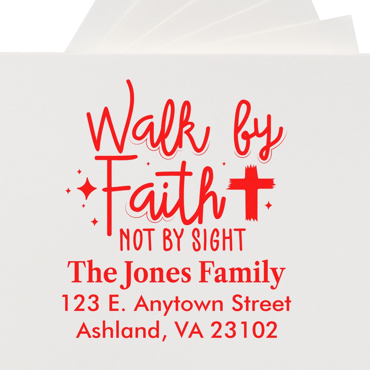 Custom Walk by Faith family address rubber stamp with name, street address, and Ashland, VA 23102.