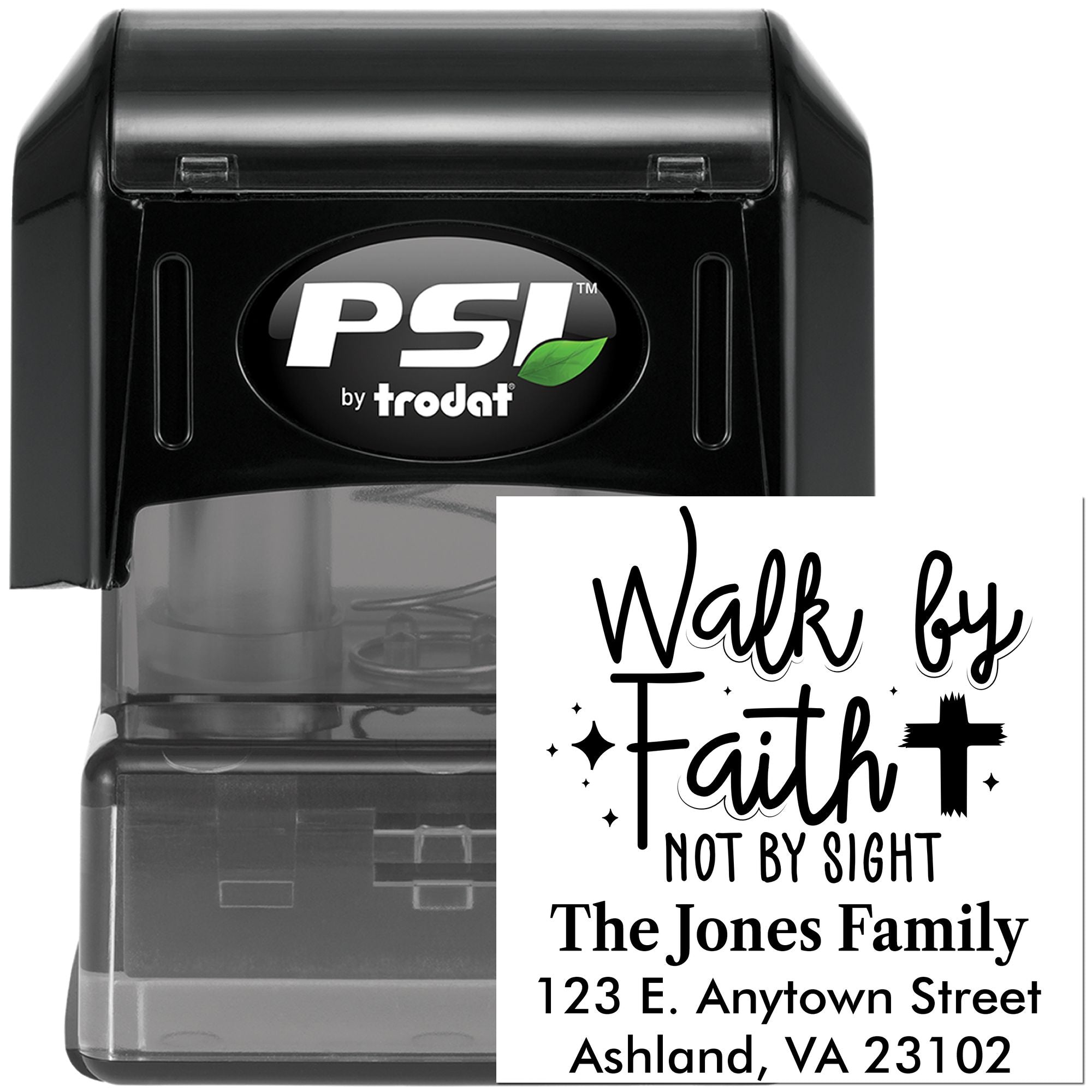 Custom Christian return address rubber stamp with Walk by Faith, Not by Sight family name and address.