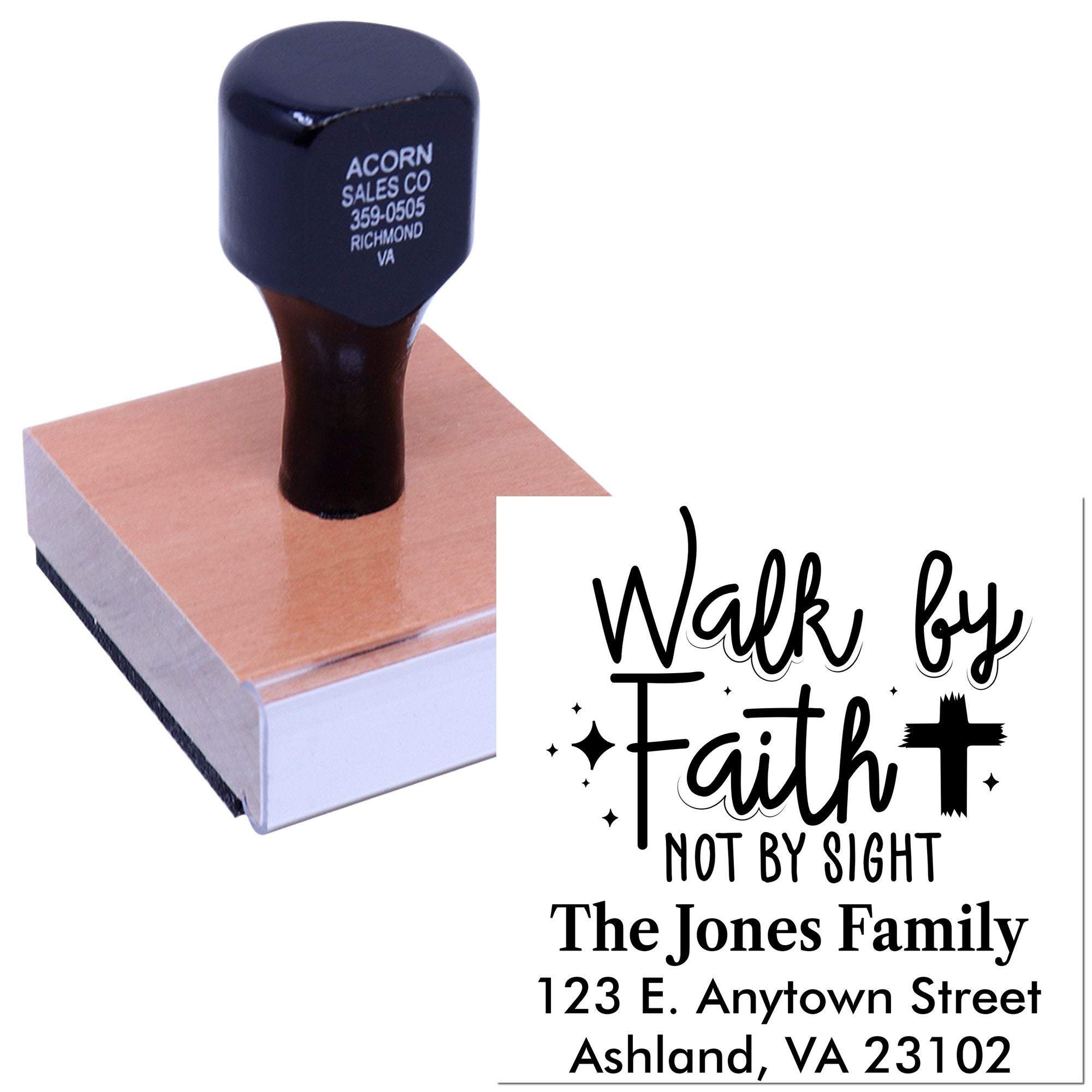 Custom rubber address stamp with Walk by Faith, Not by Sight and The Jones Family return address for envelopes.