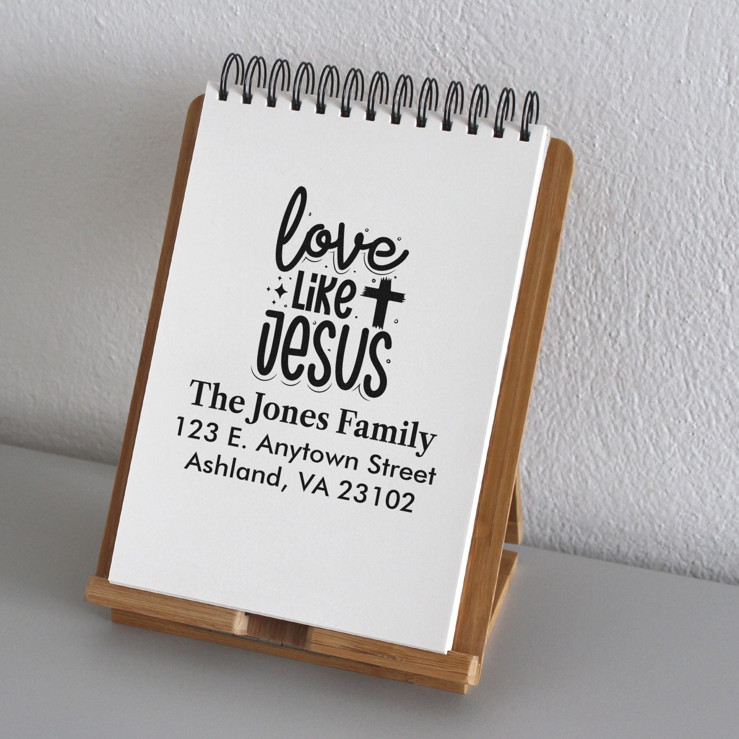 Personalized Christian rubber stamp design with Love Like Jesus and family return address for custom mailing stamps.
