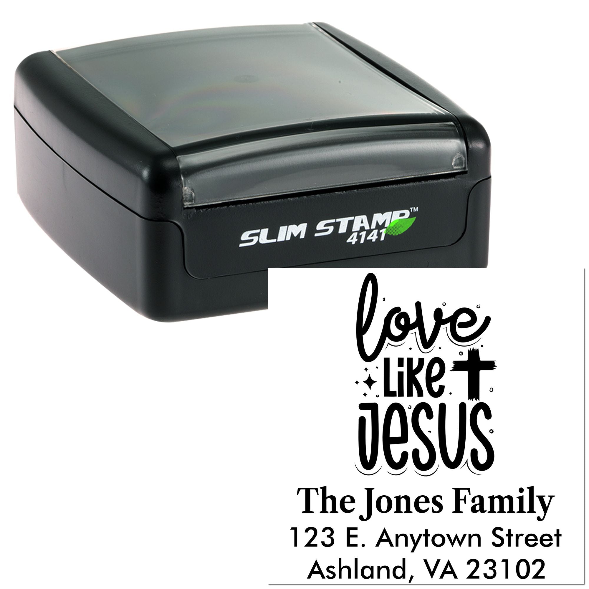 Slim Stamp 4141 self-inking rubber stamp with custom Love Like Jesus family return address design.