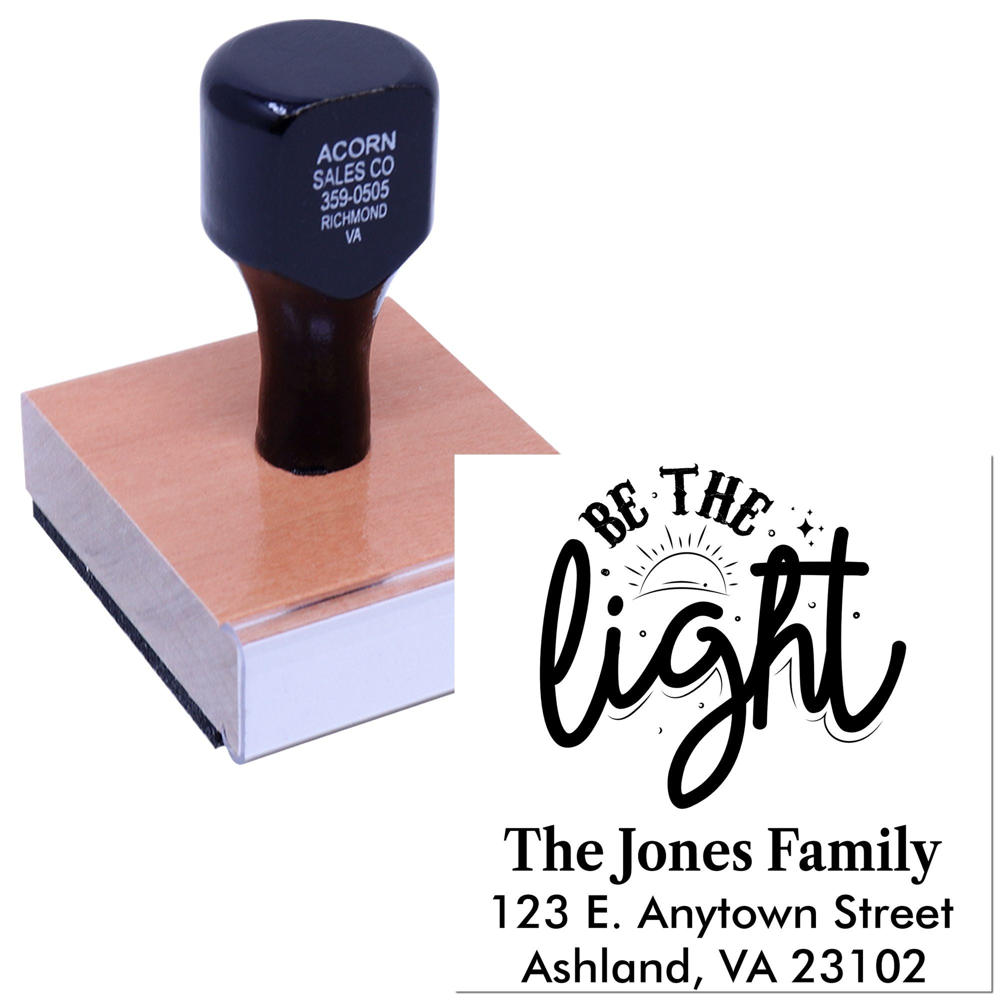 Custom rubber address stamp with Be the Light design for The Jones Family, Ashland, VA mailing address.