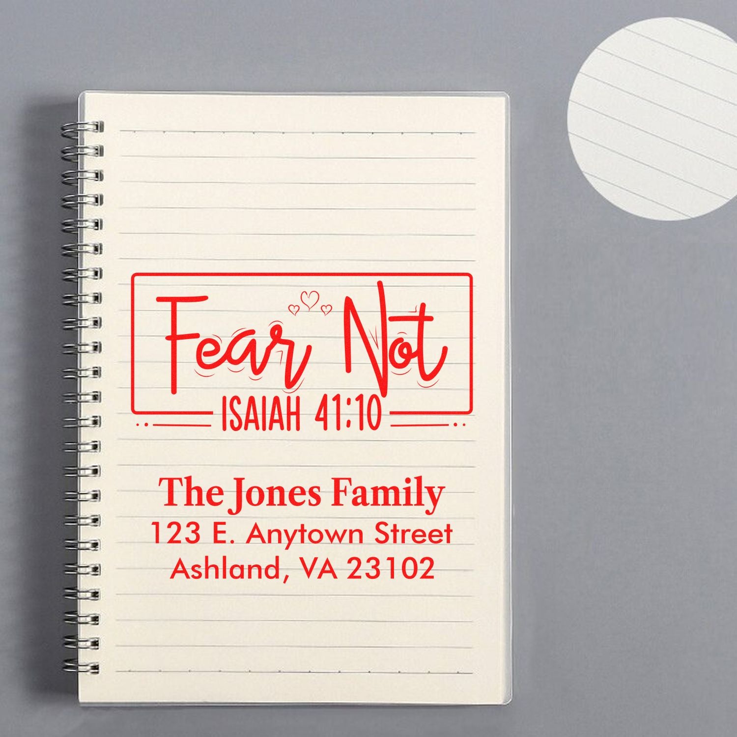Custom rubber stamp with Fear Not Isaiah 41:10 and family address for faith-based mailing, note cards, and envelopes.
