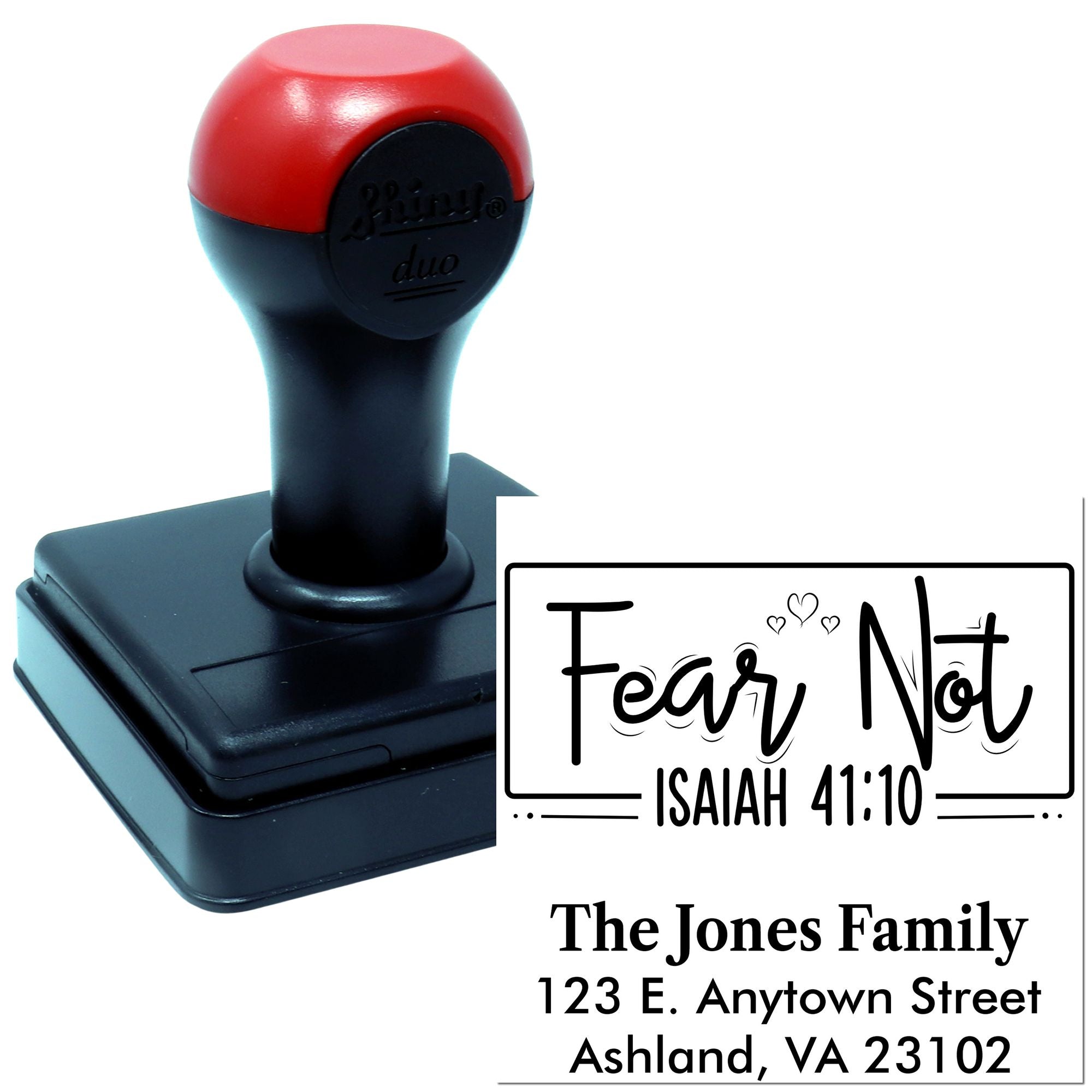 Custom Christian self-inking rubber stamp with Fear Not Isaiah 41:10 and personalized family return address imprint.