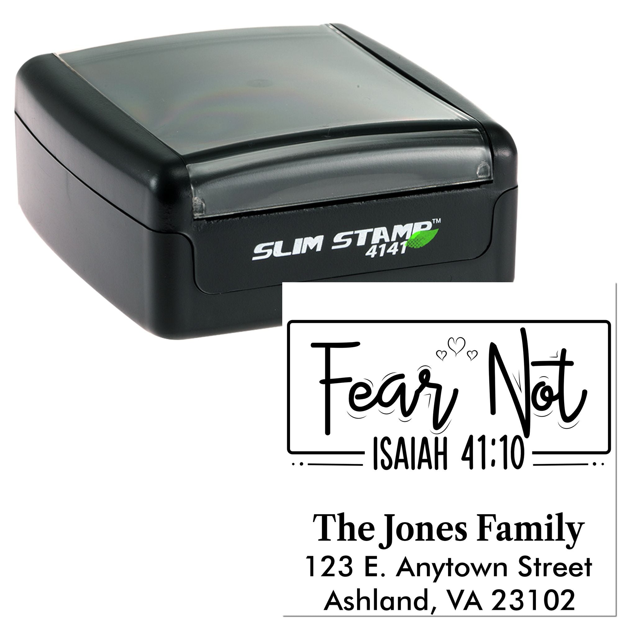 Slim Stamp 4141 self-inking rubber stamp with custom Christian Fear Not Isaiah 41:10 return address design