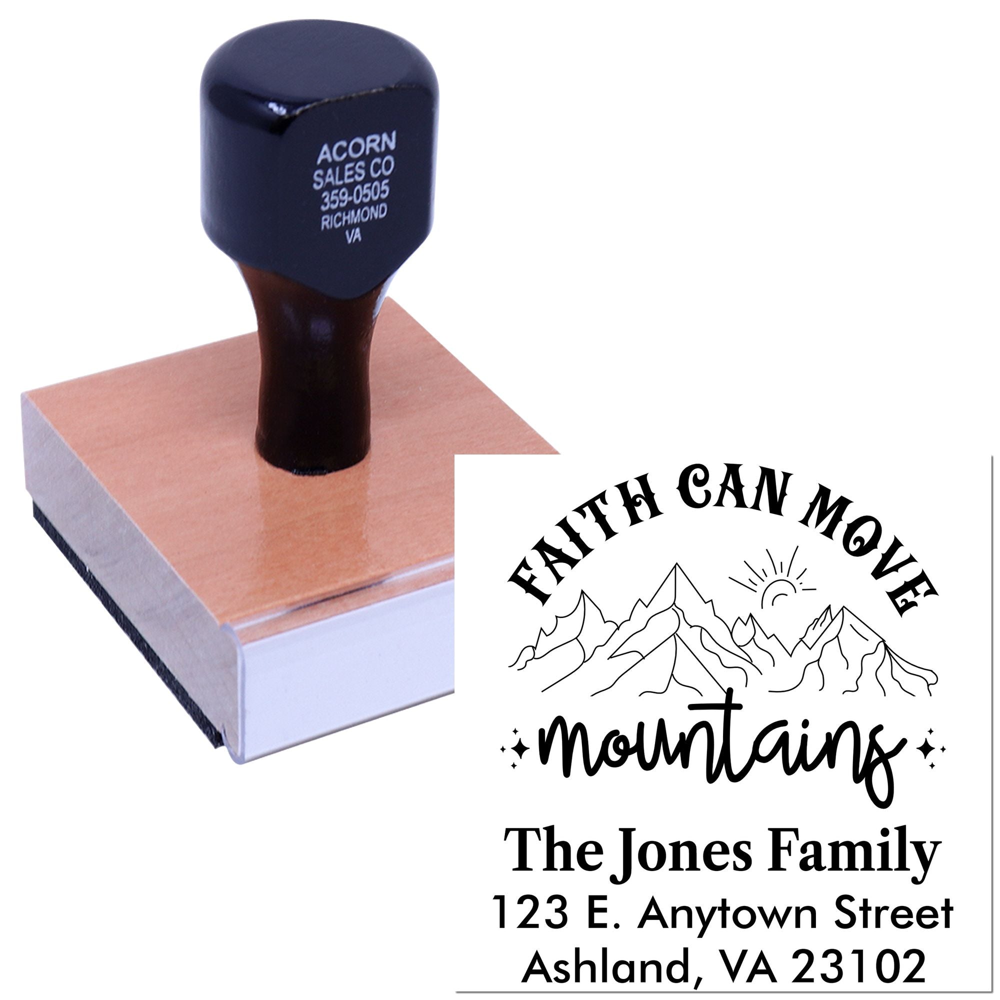 Custom rubber address stamp with faith can move mountains design, family name, and return address for personalized mailing.
