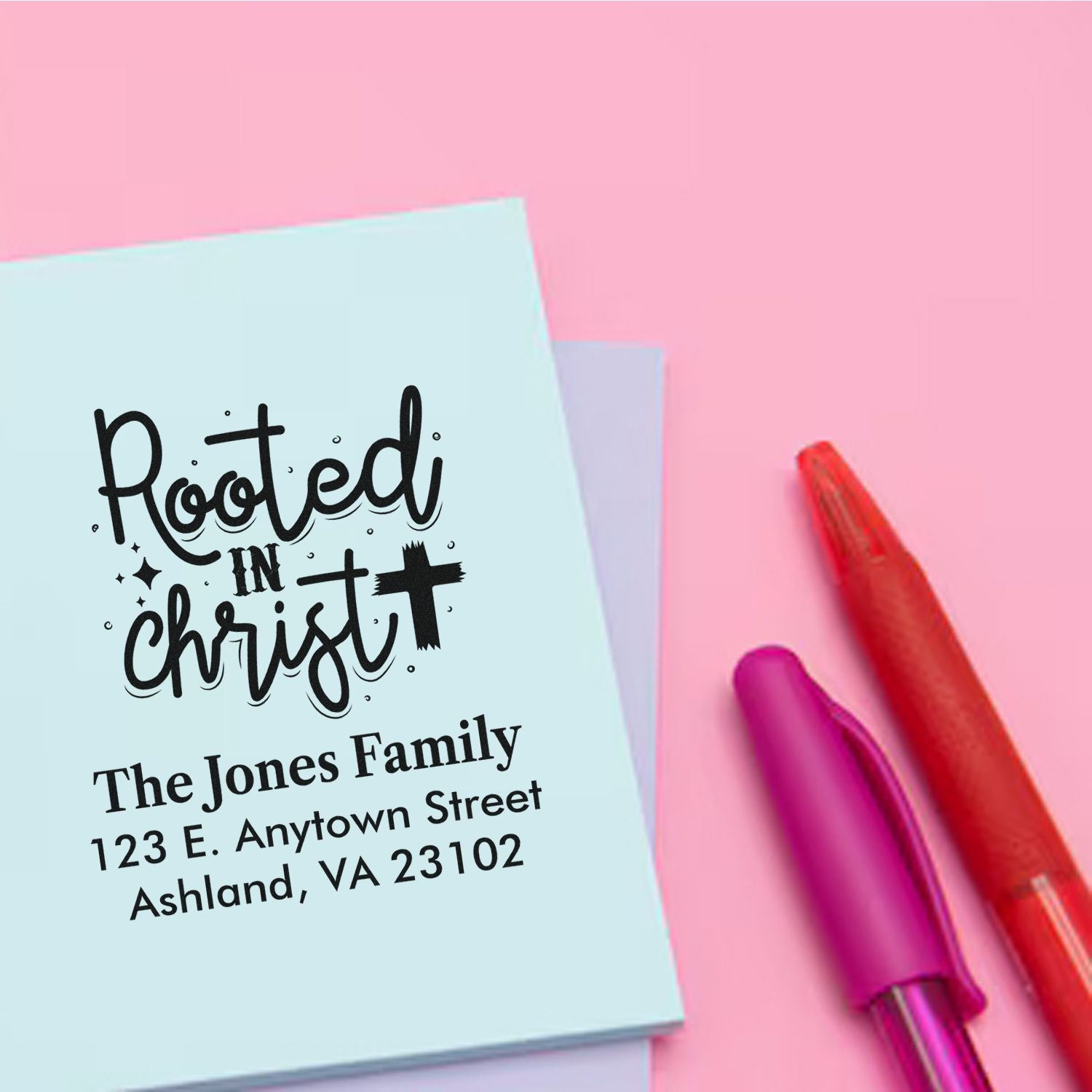 Custom Christian return address rubber stamp with Rooted in Christ and family address for church stationery.