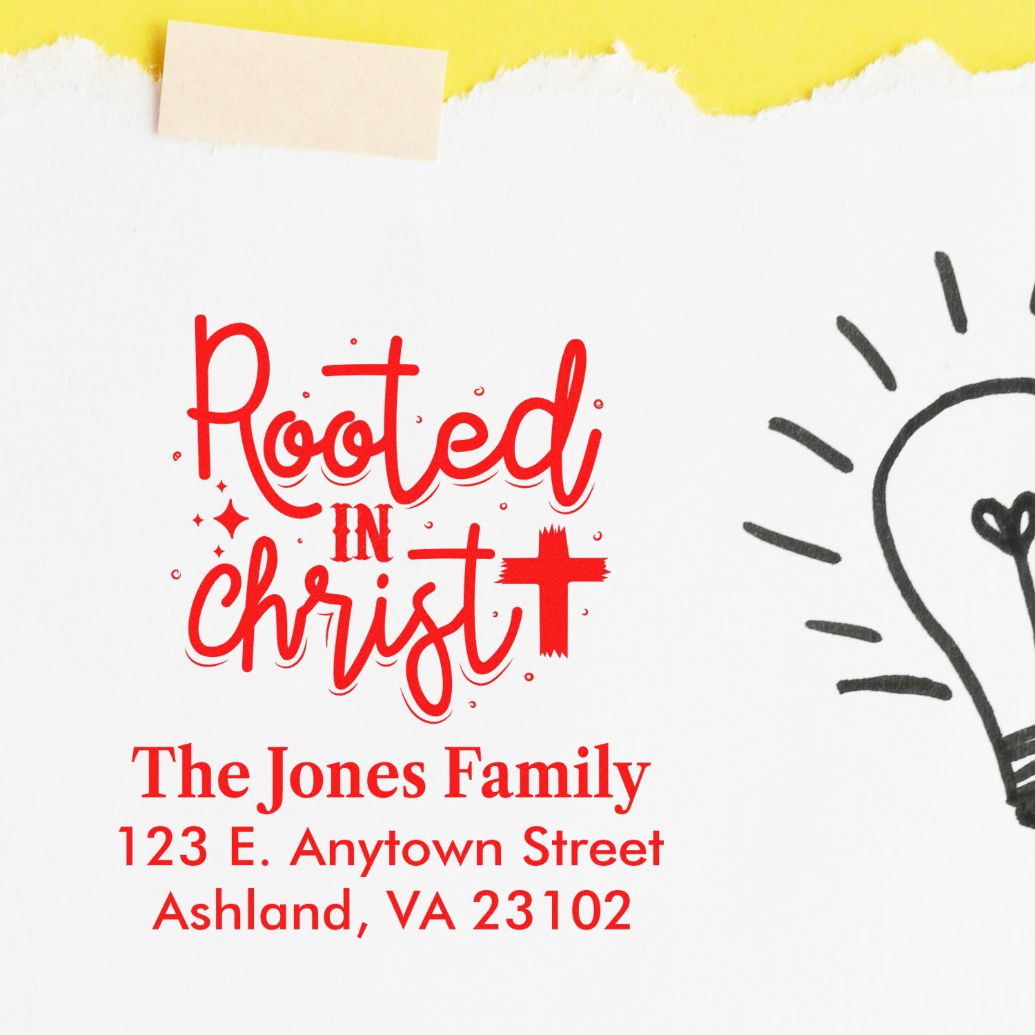 Custom Christian return address rubber stamp with Rooted in Christ design for personalized family mailing and stationery.