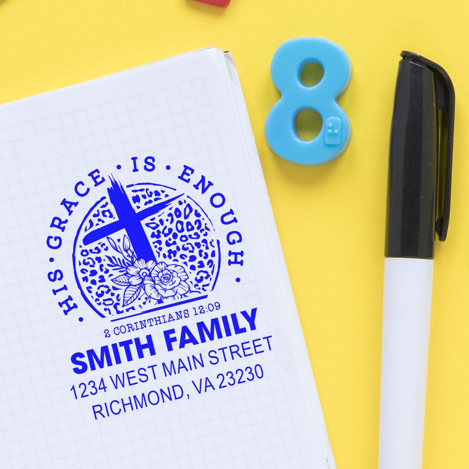 Custom rubber stamp imprint for Christian family address label with His Grace Is Enough, Smith family name, and home address.