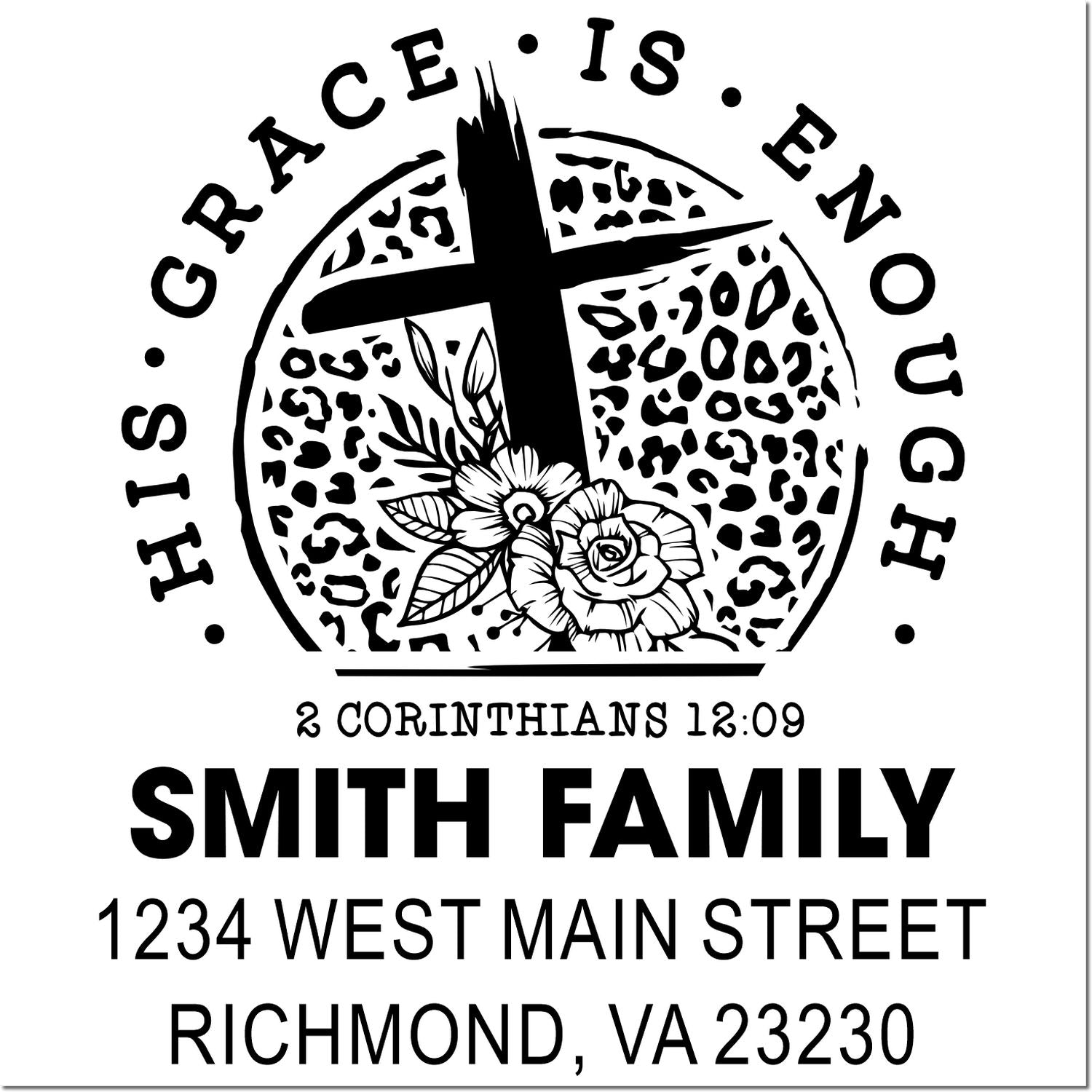 Custom Christian family address rubber stamp with cross, floral design, Grace Is Enough, Smith Family, Richmond VA address.