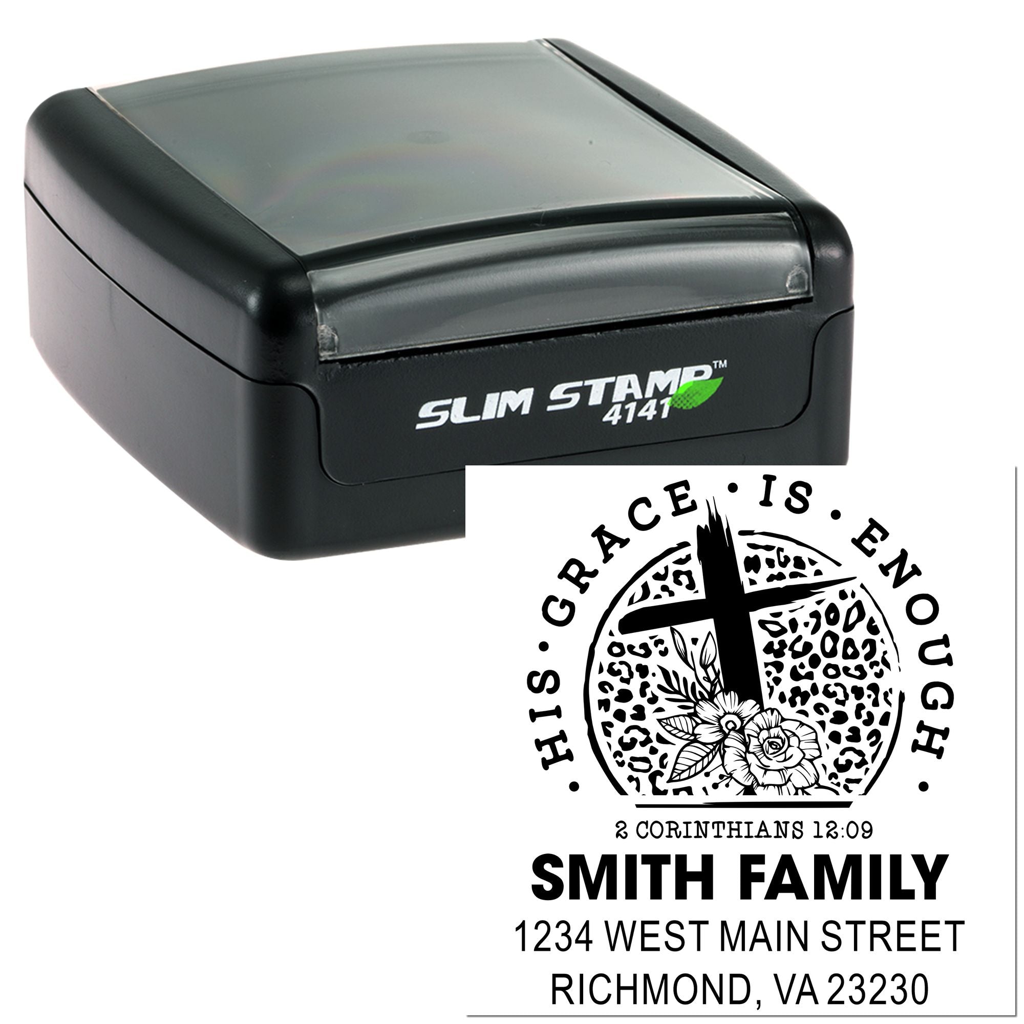 Custom self-inking rubber address stamp with church family design, Slim Stamp 4141 case, ideal for personal mailing.