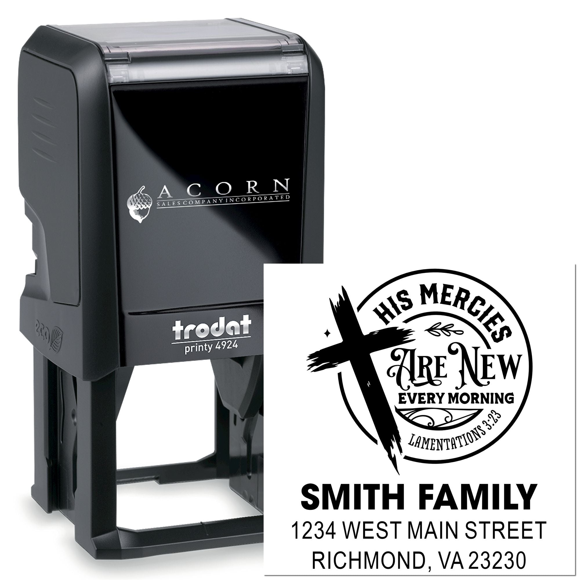 Custom Trodat self-inking rubber stamp with Christian family return address design for personalized mail and branding.
