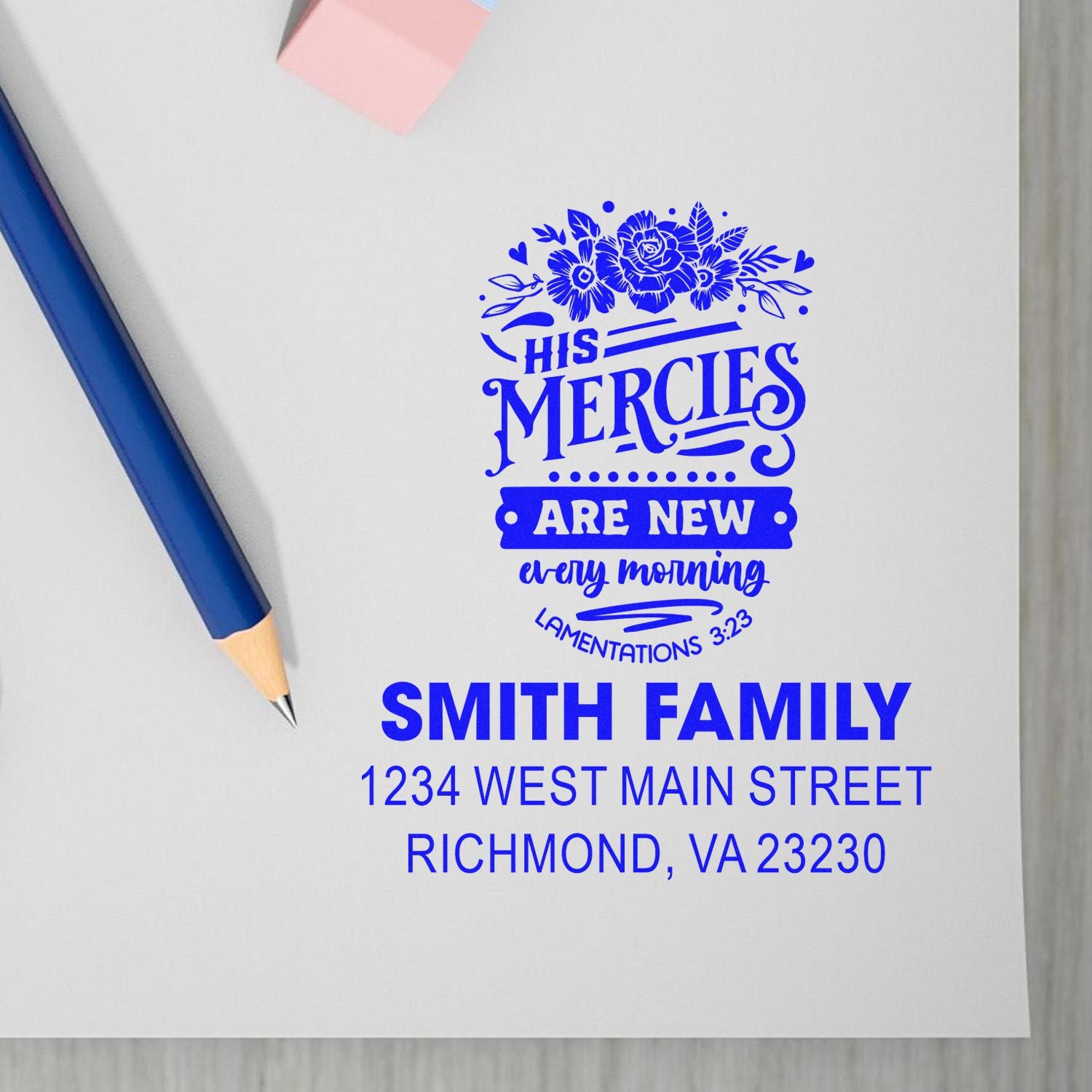 Personalized Christian address rubber stamp with floral His mercies are new every morning design for Smith family.