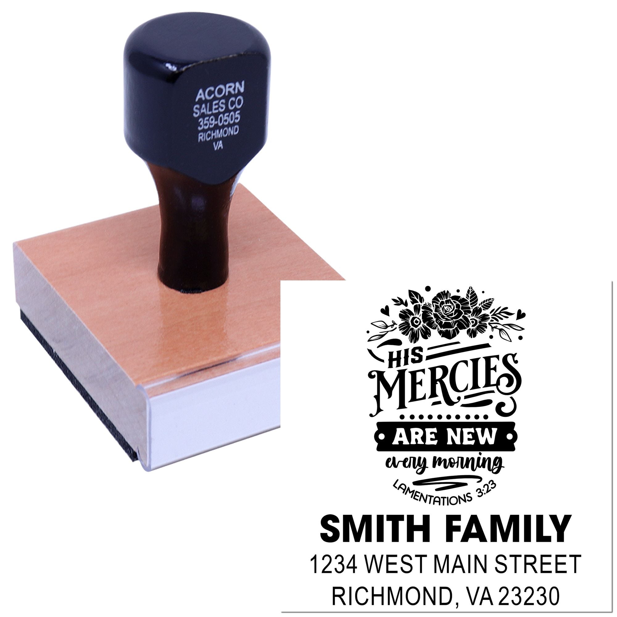 Custom rubber address stamp with family name, address and Bible verse design for personalized mailing and craft projects.