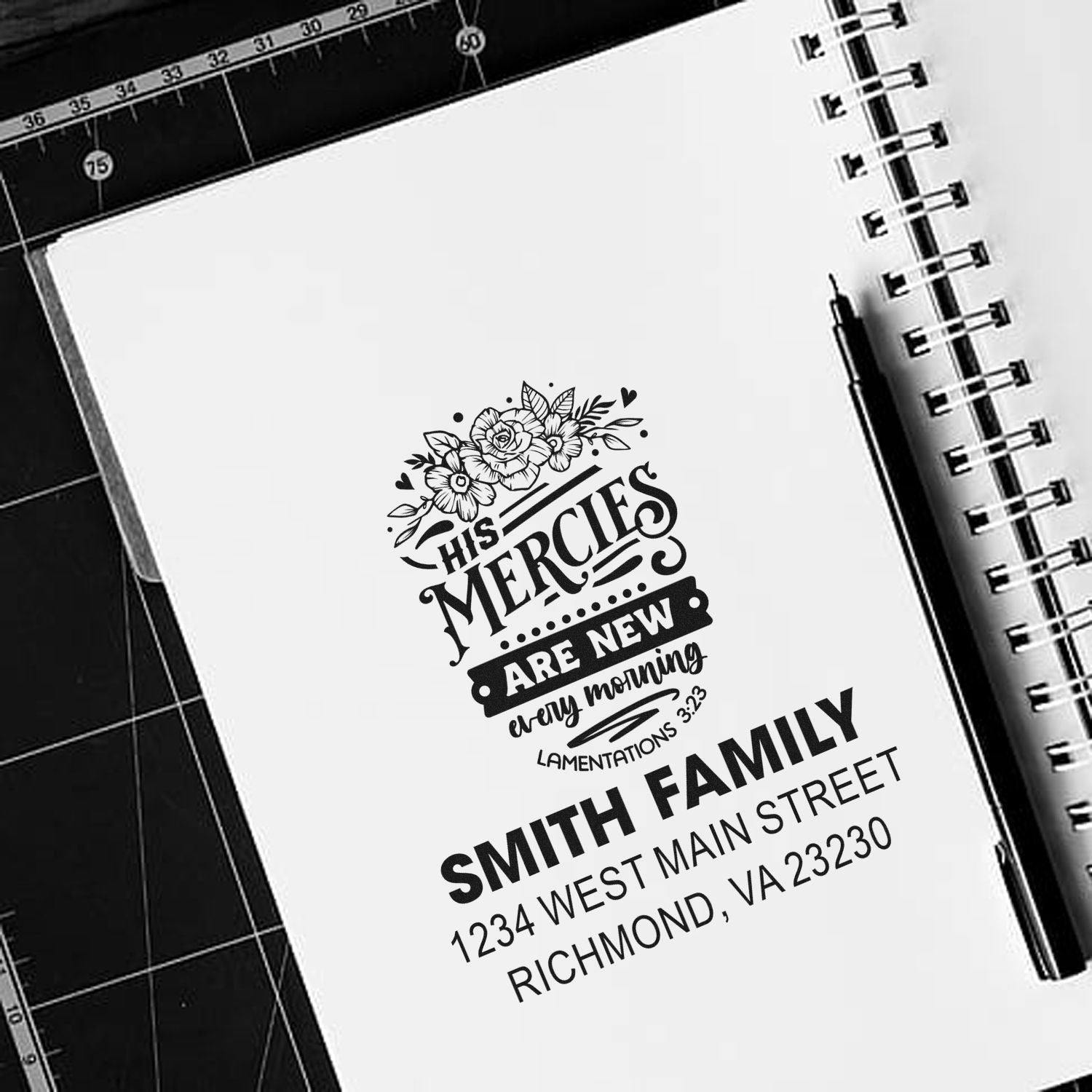 Custom Christian rubber stamp with floral Bible verse and Smith Family return address for mailing.