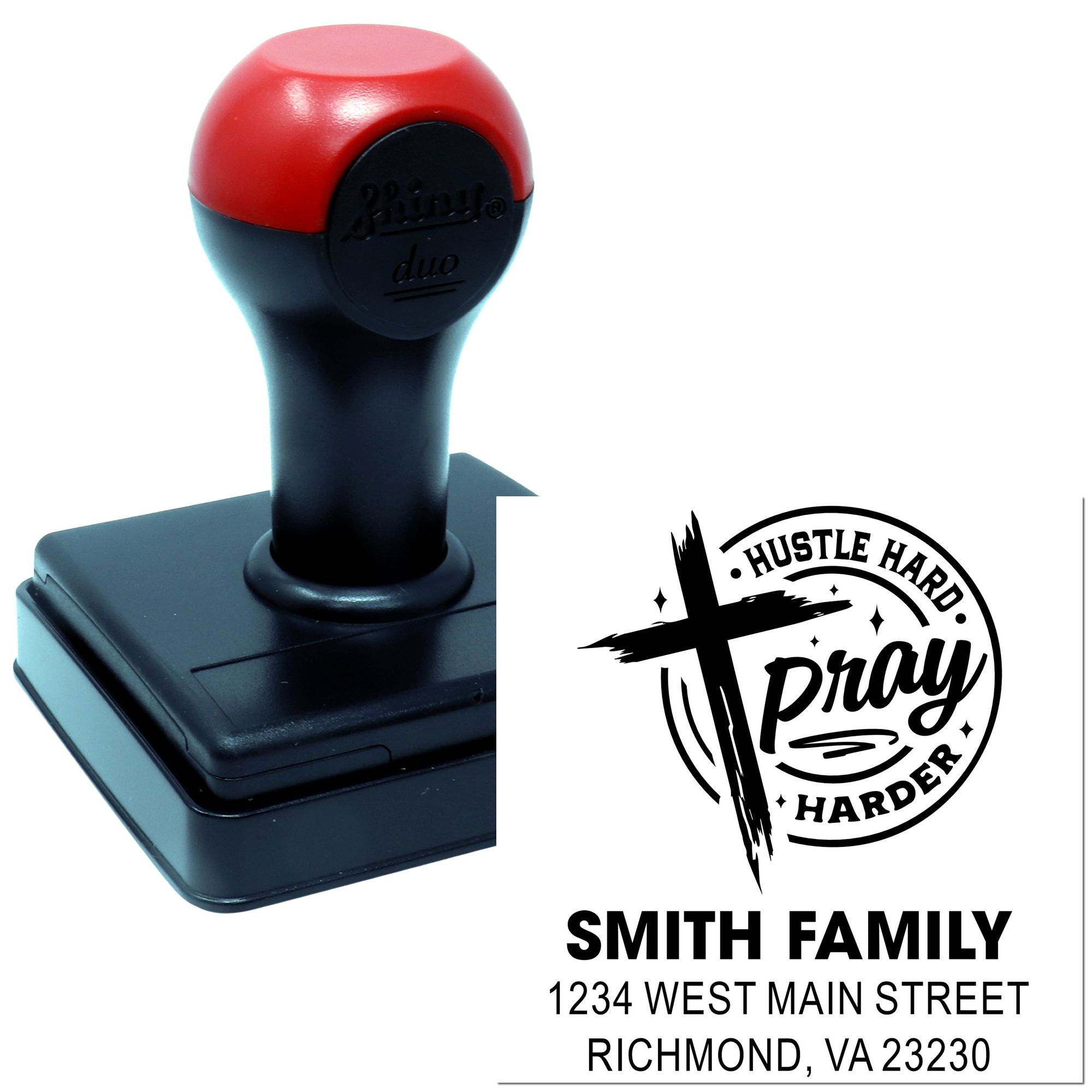 Custom self-inking rubber stamp with Hustle Hard Pray Harder design, Smith family name, and return address for personalized mailings.