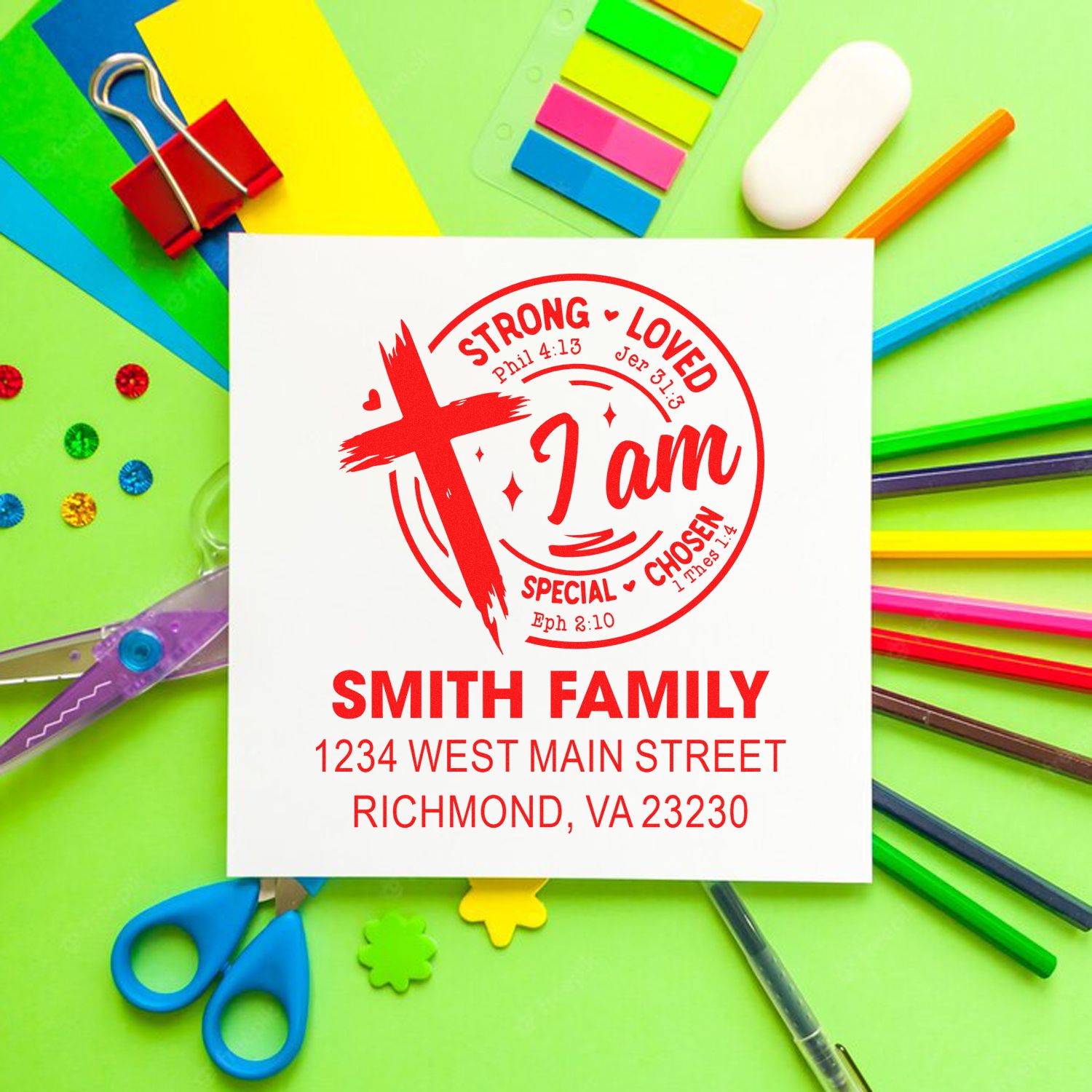 Custom Christian family address rubber stamp with I Am Strong, Loved, Chosen design for envelopes, cards, and crafts.