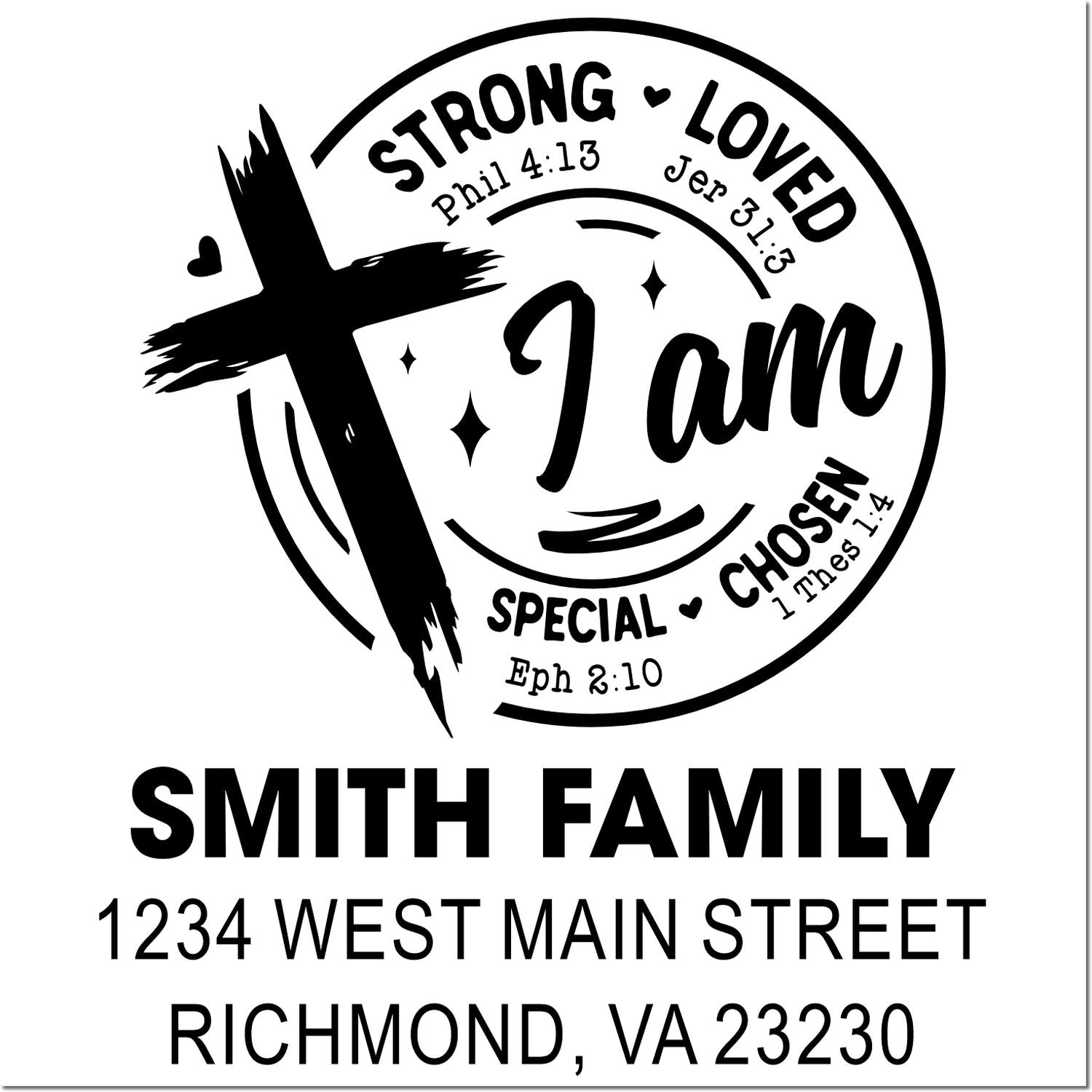 Custom Christian family address rubber stamp design with I Am verse, cross, Smith Family name, and Richmond, VA address.